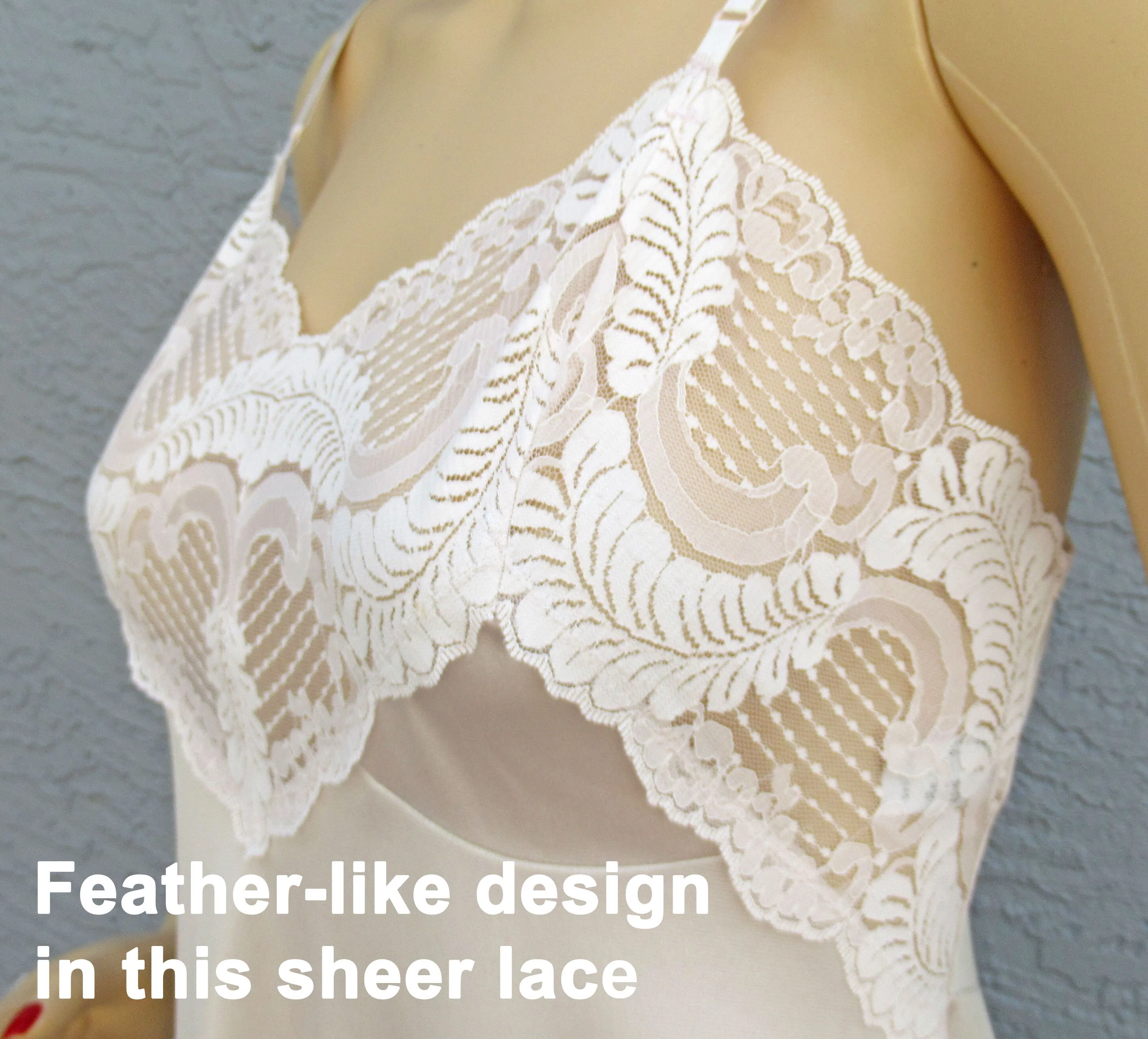 Sz 36 Nylon Slip Lace Sheer Trim Bodice and Hem Knee Length Pastel Beige Vintage Made In Usa So Pretty Adjustable Straps by Applause - Image 7