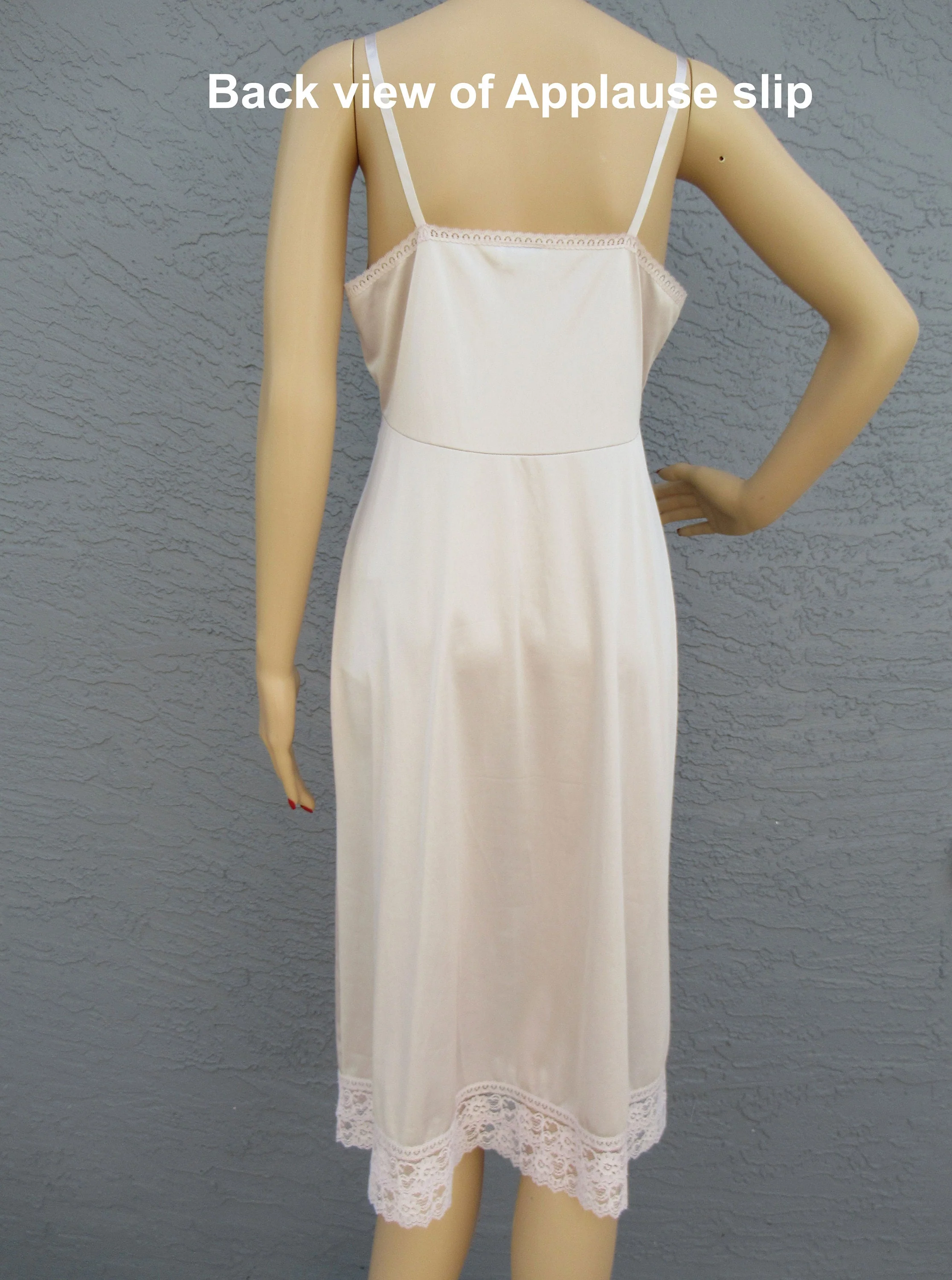 Sz 36 Nylon Slip Lace Sheer Trim Bodice and Hem Knee Length Pastel Beige Vintage Made In Usa So Pretty Adjustable Straps by Applause - Image 9