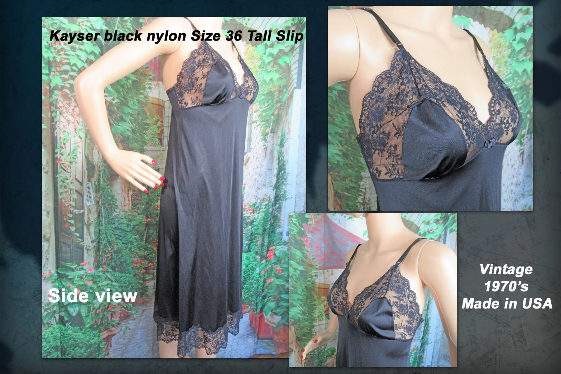 Sz 36 Tall Slip Lace Accented Low V Bodice 3 Inch Sheer Lace Hem, Nylon, Made In Usa, 70s, Black Nylon, Adjustable Straps by Kayser - Image 2