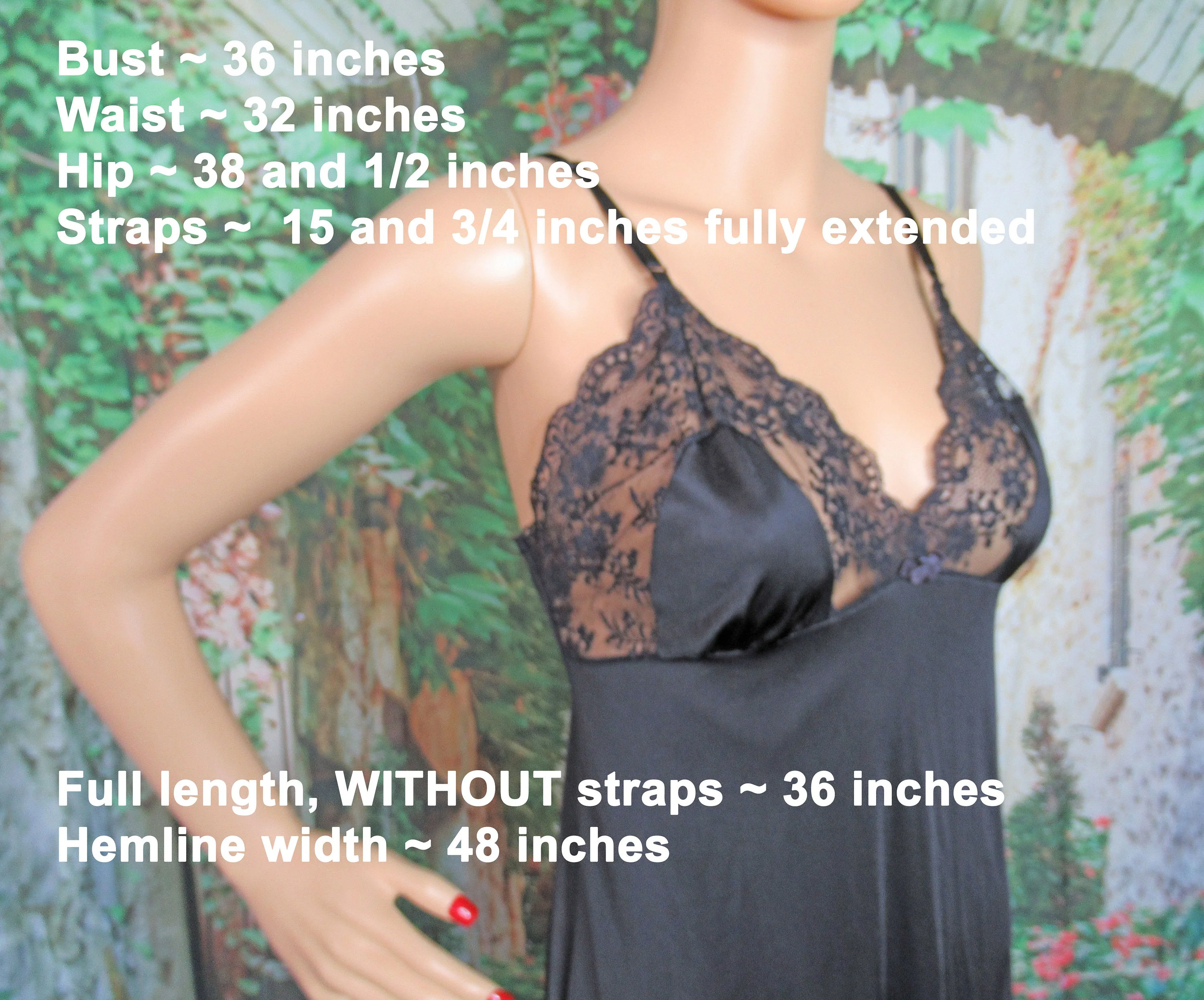 Sz 36 Tall Slip Lace Accented Low V Bodice 3 Inch Sheer Lace Hem, Nylon, Made In Usa, 70s, Black Nylon, Adjustable Straps by Kayser - Image 4