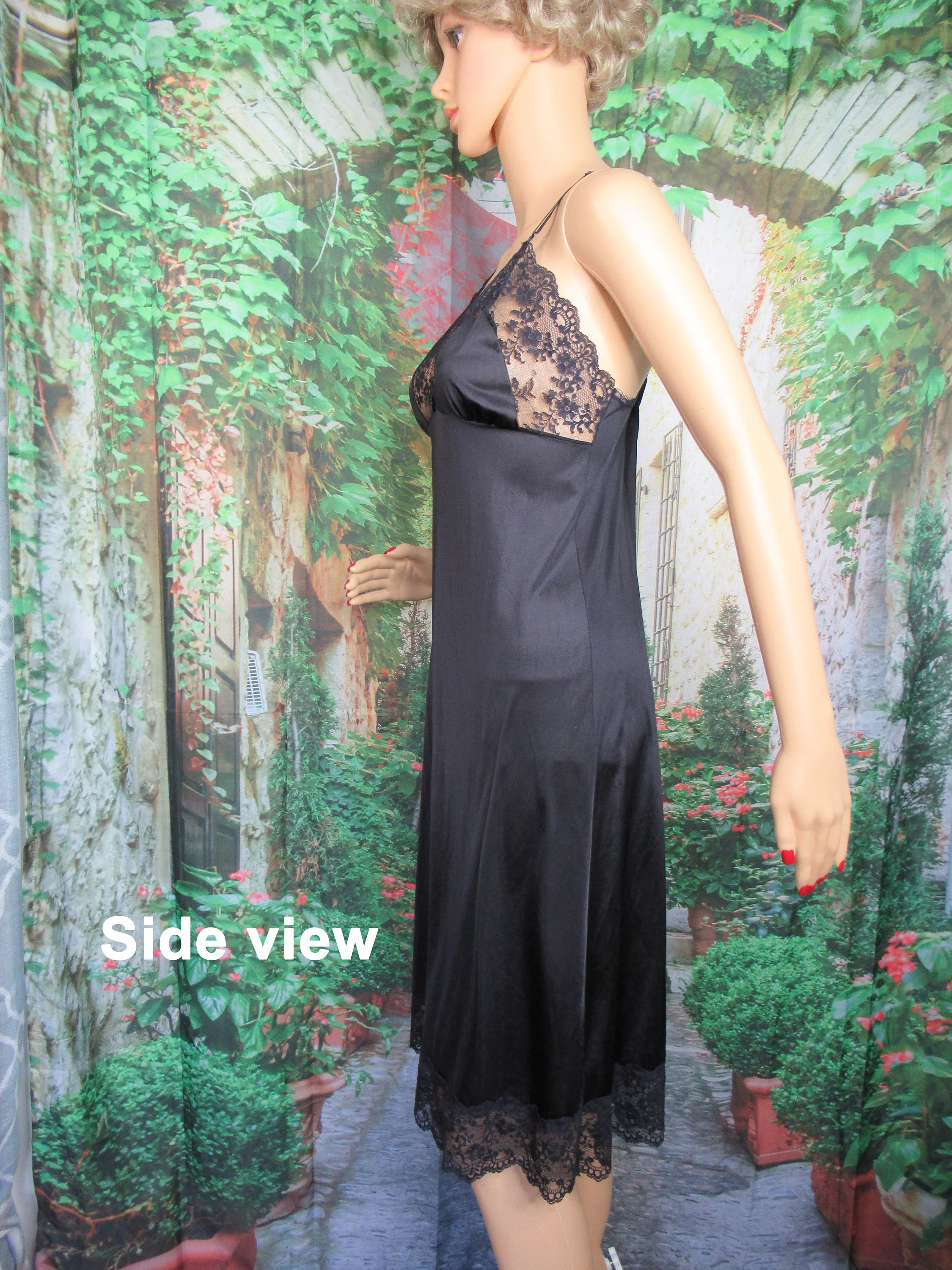 Sz 36 Tall Slip Lace Accented Low V Bodice 3 Inch Sheer Lace Hem, Nylon, Made In Usa, 70s, Black Nylon, Adjustable Straps by Kayser - Image 6