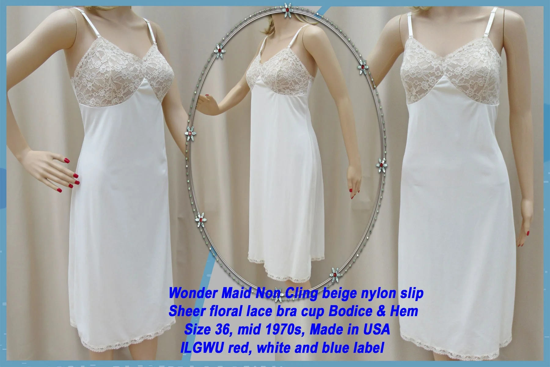 Sz 36 Wonder Maid Slip Sheer Floral Lace Trim Bodice and Hem, Non Cling Beige Nylon, Mid 70s, Ilgwu Red, White and Blue Label, Made In Usa - Image 4