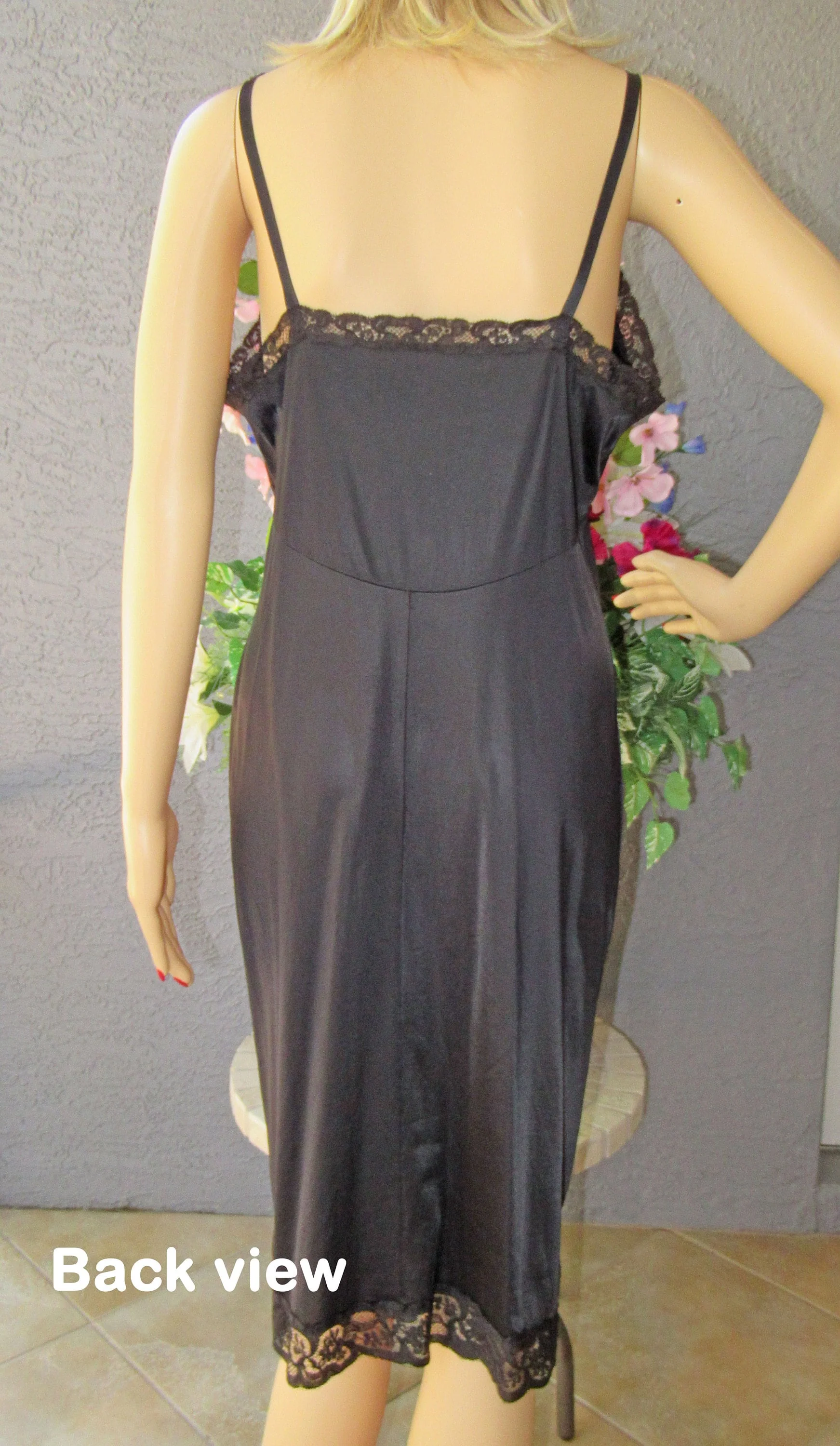 Sz 38 Slip 50s Lace Accented Soft Bra Cup Bodice 2 Inch Sheer Lace Hem, Black Nylon Knee Length, Made In Usa, Adjustable Straps by Kayser - Image 10