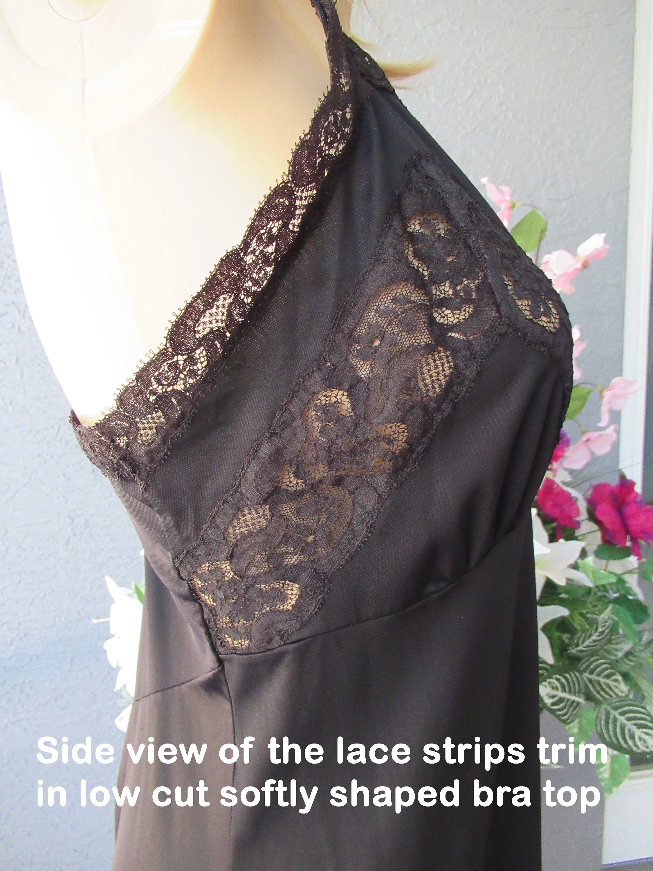 Sz 38 Slip 50s Lace Accented Soft Bra Cup Bodice 2 Inch Sheer Lace Hem, Black Nylon Knee Length, Made In Usa, Adjustable Straps by Kayser - Image 3