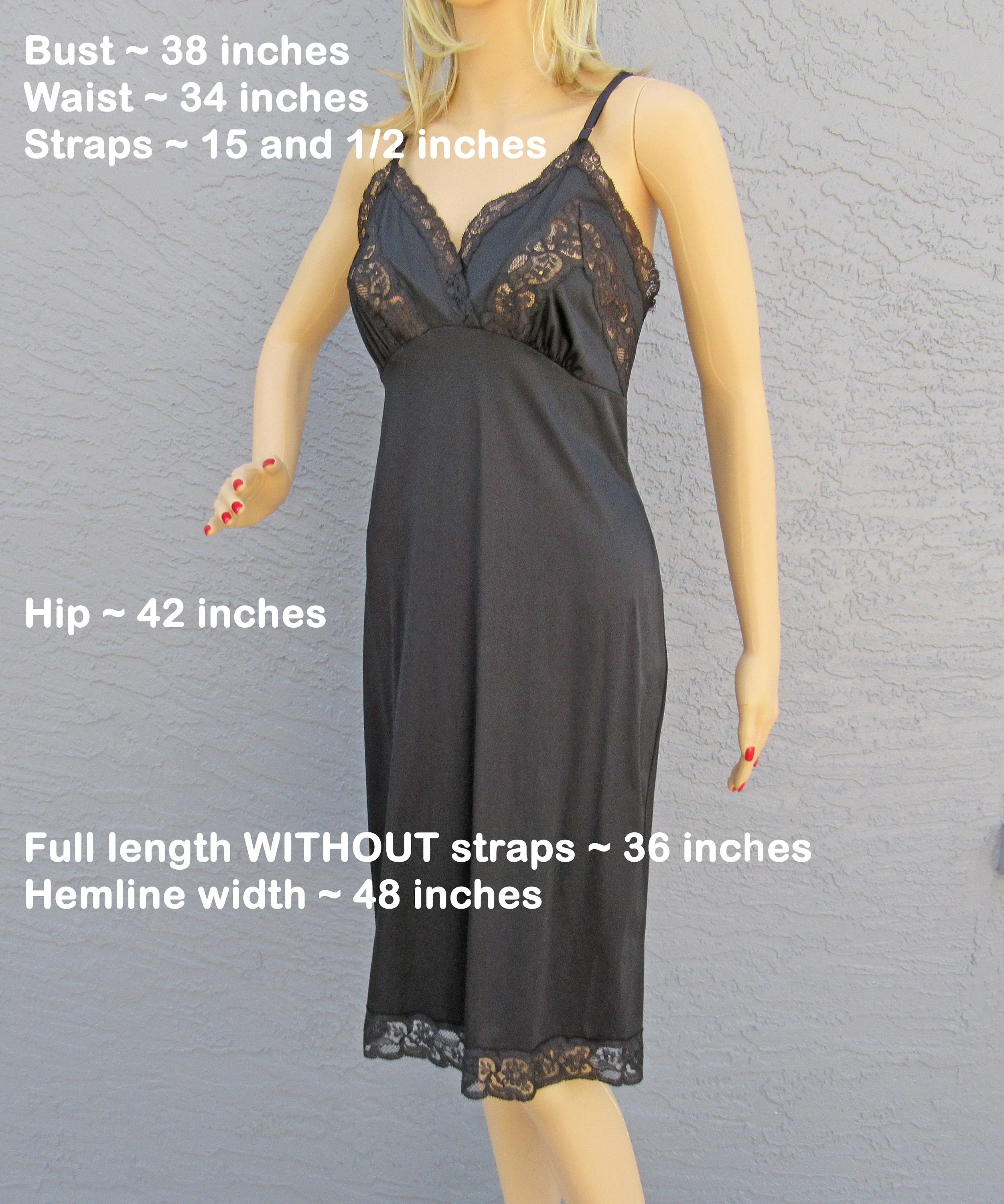 Sz 38 Slip 50s Lace Accented Soft Bra Cup Bodice 2 Inch Sheer Lace Hem, Black Nylon Knee Length, Made In Usa, Adjustable Straps by Kayser - Image 4