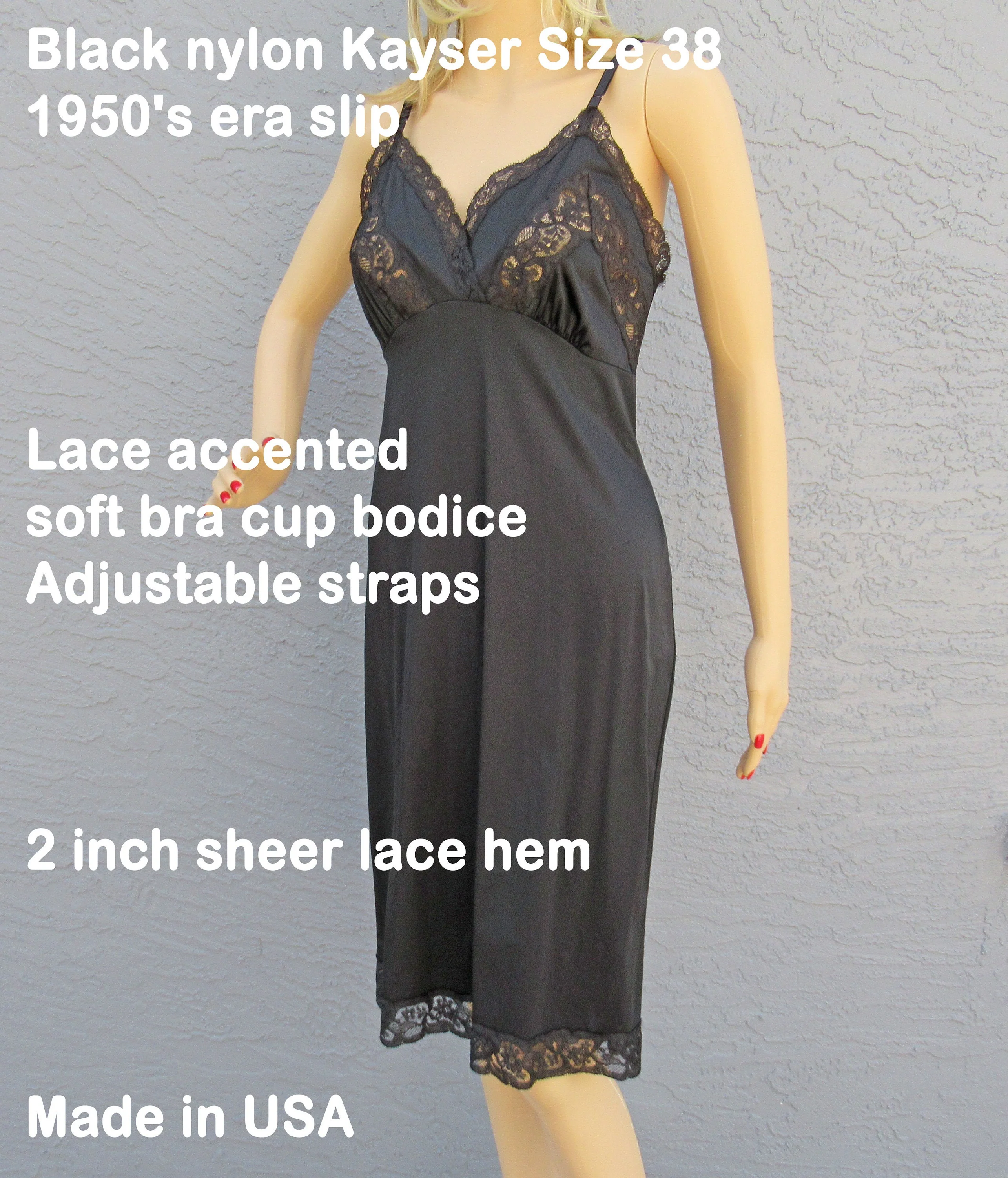 Sz 38 Slip 50s Lace Accented Soft Bra Cup Bodice 2 Inch Sheer Lace Hem, Black Nylon Knee Length, Made In Usa, Adjustable Straps by Kayser - Image 6