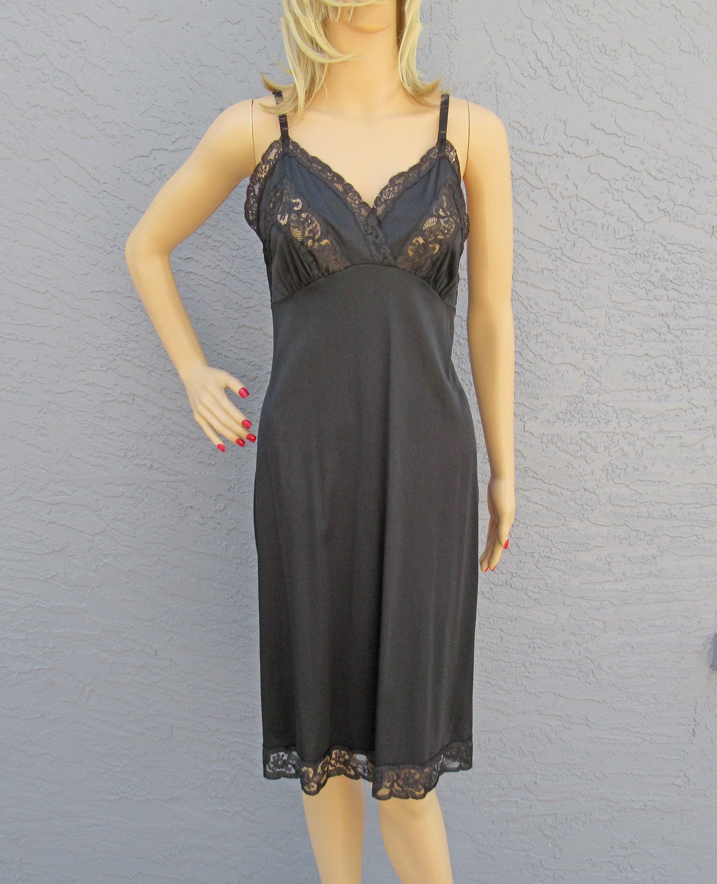 Sz 38 Slip 50s Lace Accented Soft Bra Cup Bodice 2 Inch Sheer Lace Hem, Black Nylon Knee Length, Made In Usa, Adjustable Straps by Kayser - Image 9