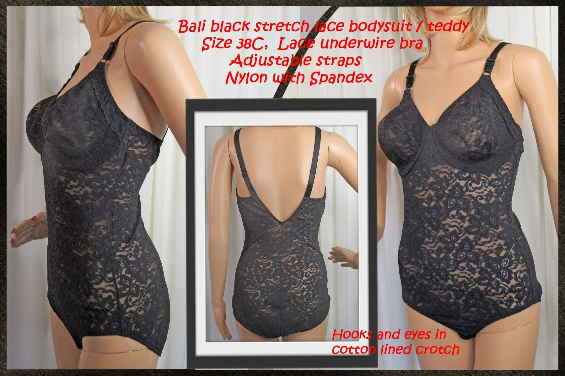 Sz 38c Lace Bodysuit / Black Stretch Shaping Fit, Lace Underwire Bra, Adjustable Strap, Nylon with Spandex, Hooks and Eyes In Crotch by Teddy Bali - Image 2