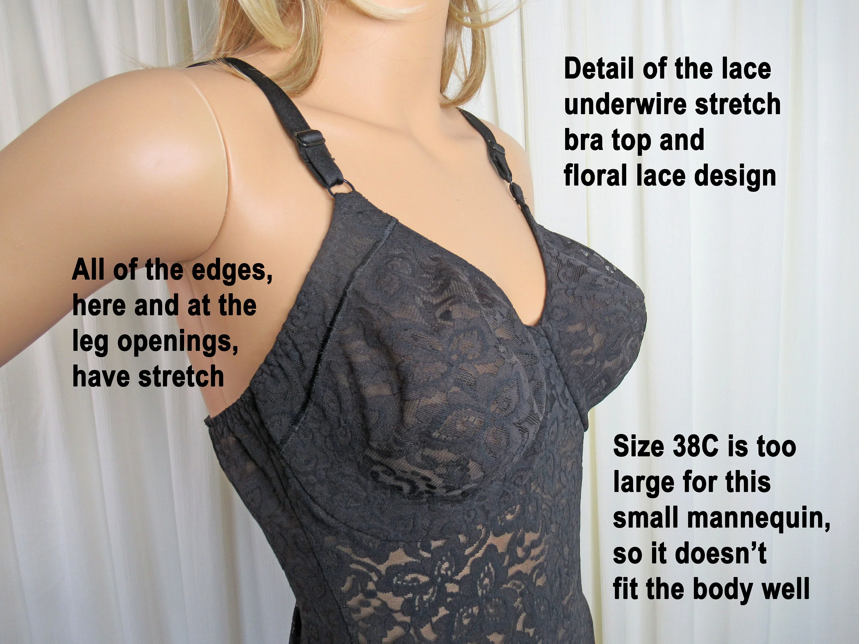 Sz 38c Lace Bodysuit / Black Stretch Shaping Fit, Lace Underwire Bra, Adjustable Strap, Nylon with Spandex, Hooks and Eyes In Crotch by Teddy Bali - Image 3