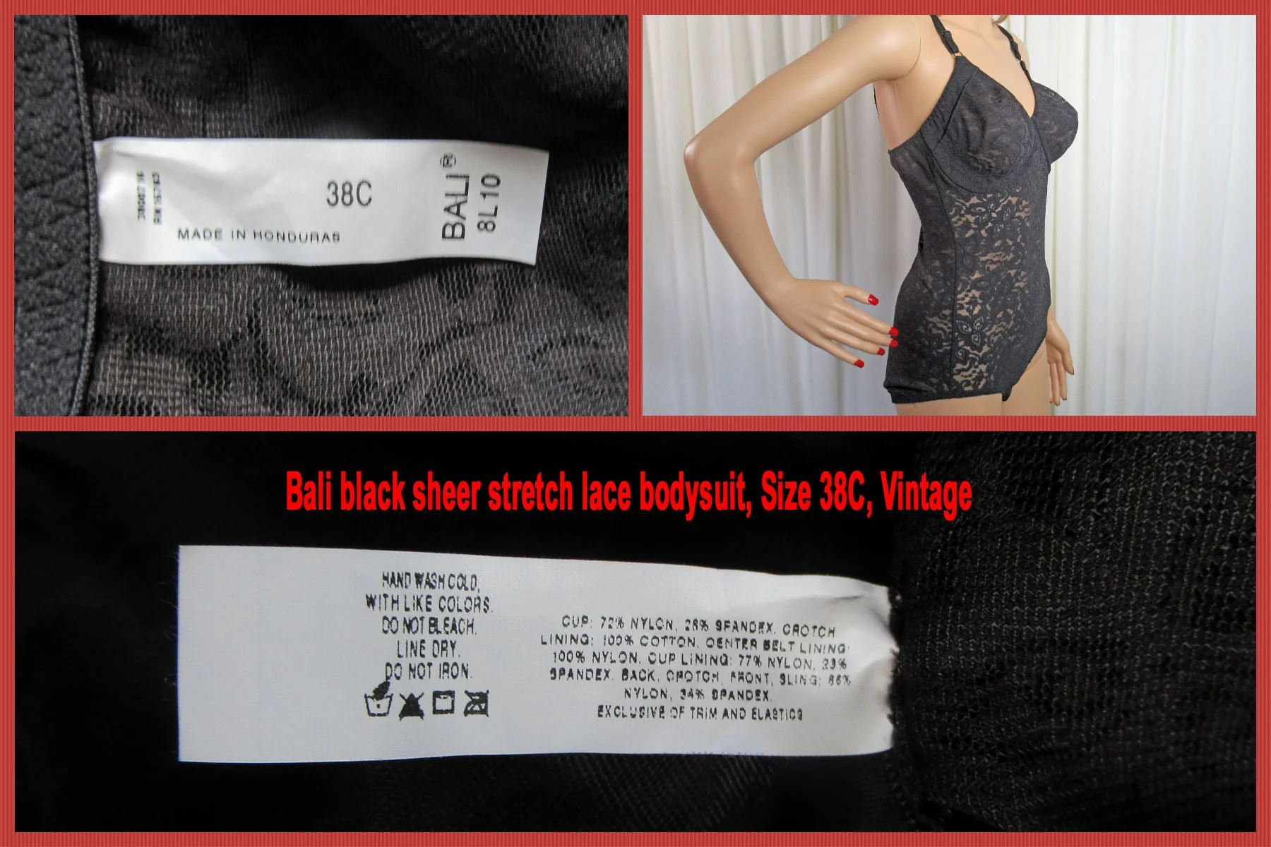 Sz 38c Lace Bodysuit / Black Stretch Shaping Fit, Lace Underwire Bra, Adjustable Strap, Nylon with Spandex, Hooks and Eyes In Crotch by Teddy Bali - Image 4