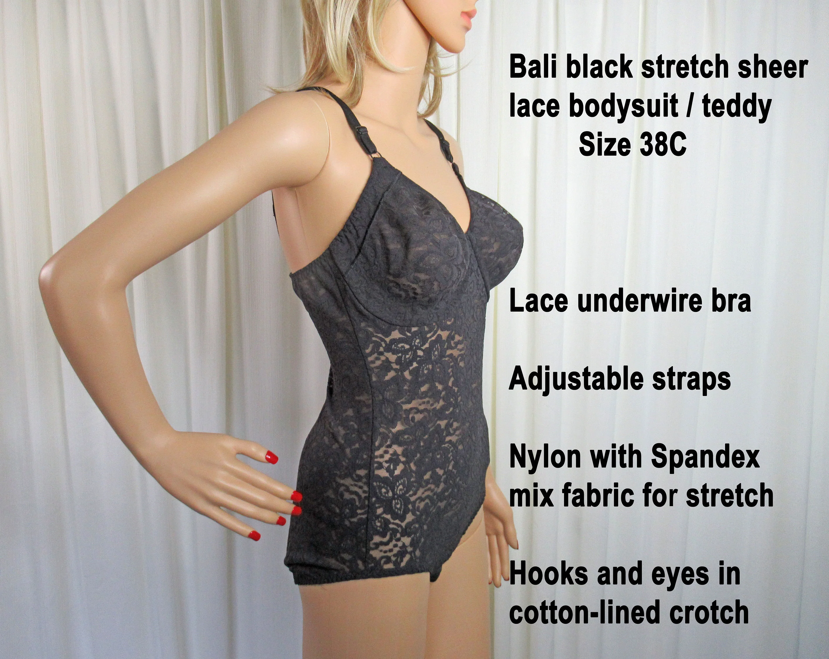 Sz 38c Lace Bodysuit / Black Stretch Shaping Fit, Lace Underwire Bra, Adjustable Strap, Nylon with Spandex, Hooks and Eyes In Crotch by Teddy Bali - Image 6
