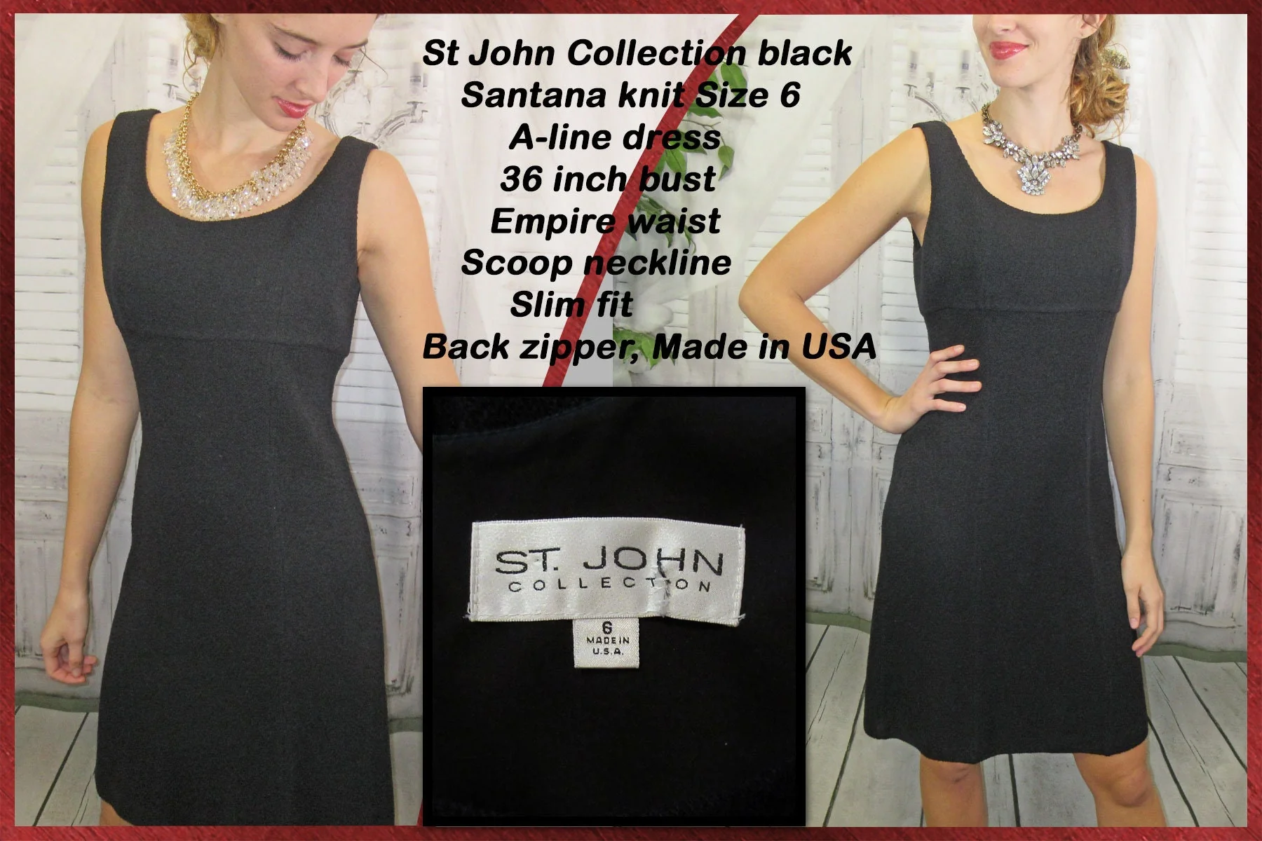 Sz 6 Dress 36 Bust Black Santana Knit A-Line Sleeveless Empire Waist, Scoop Neckline, Slim Fit, Back Zip, Made In Usa by St John Collection - Image 2