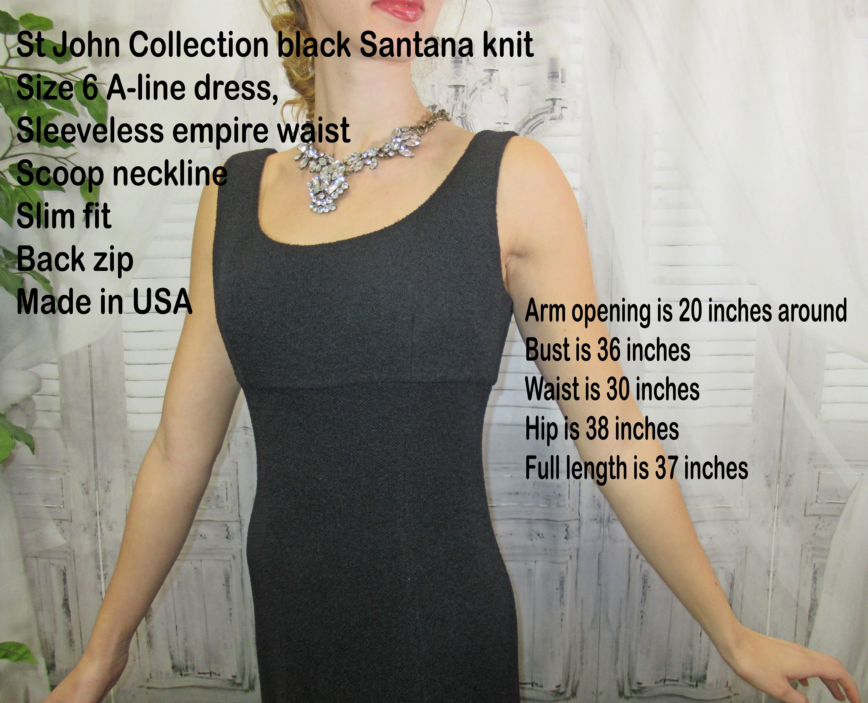 Sz 6 Dress 36 Bust Black Santana Knit A-Line Sleeveless Empire Waist, Scoop Neckline, Slim Fit, Back Zip, Made In Usa by St John Collection - Image 3