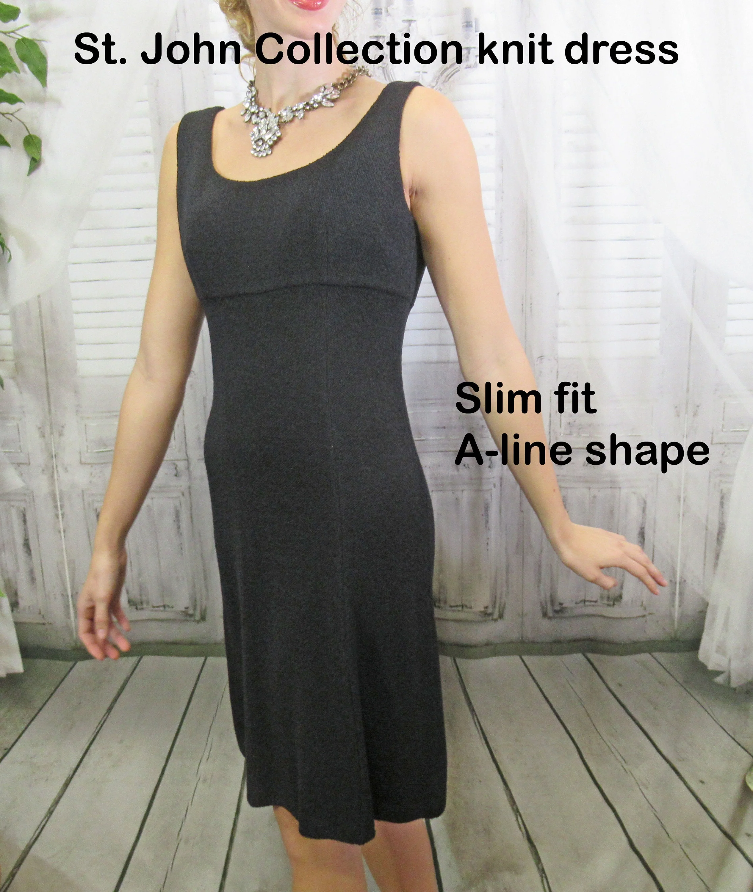 Sz 6 Dress 36 Bust Black Santana Knit A-Line Sleeveless Empire Waist, Scoop Neckline, Slim Fit, Back Zip, Made In Usa by St John Collection - Image 4