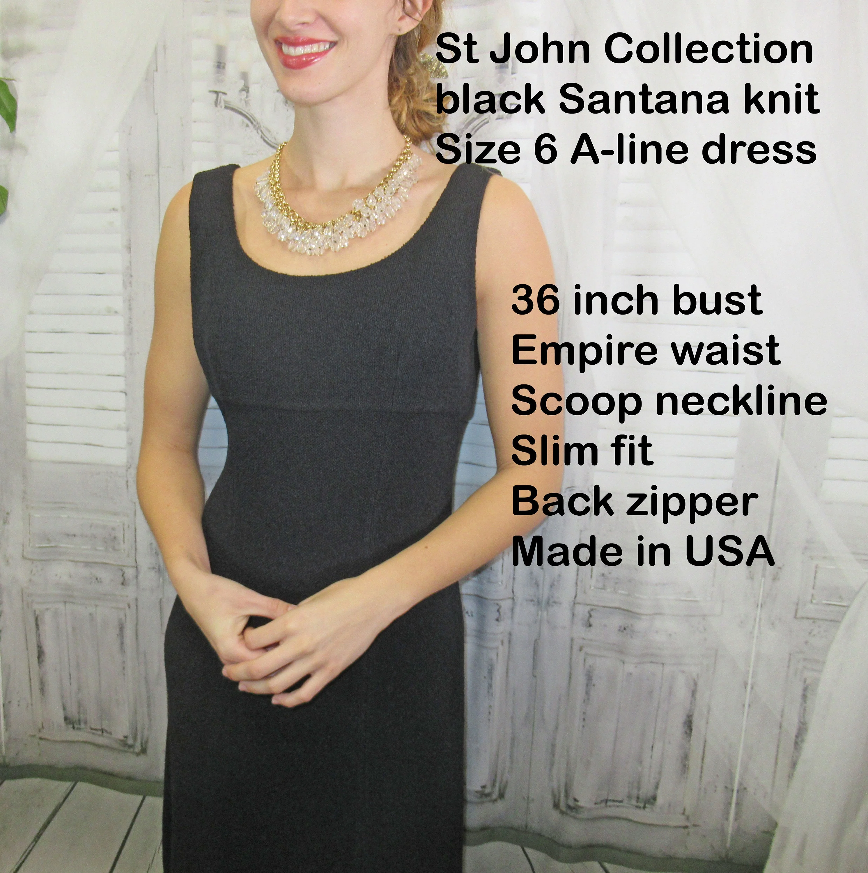 Sz 6 Dress 36 Bust Black Santana Knit A-Line Sleeveless Empire Waist, Scoop Neckline, Slim Fit, Back Zip, Made In Usa by St John Collection - Image 5