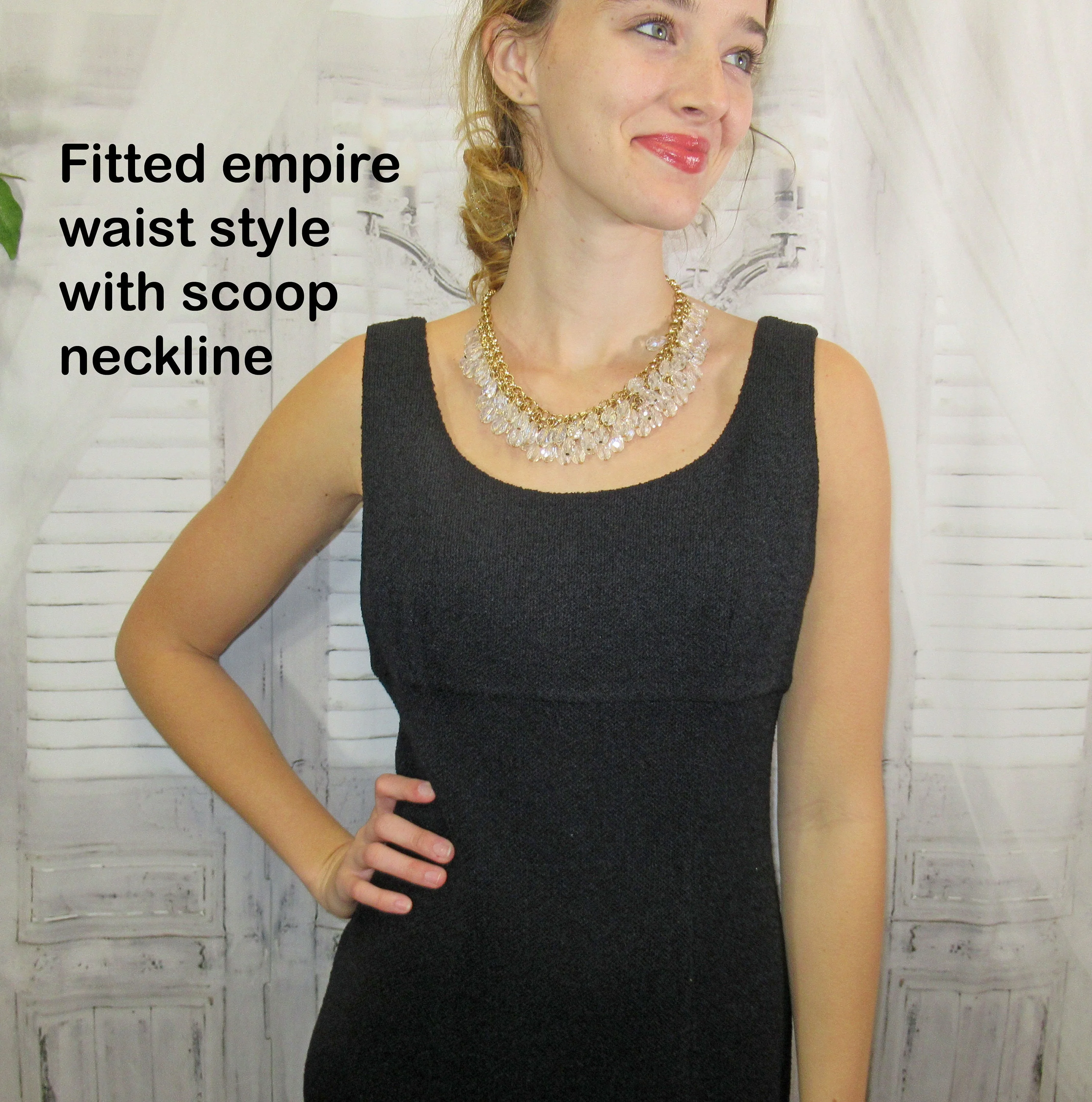 Sz 6 Dress 36 Bust Black Santana Knit A-Line Sleeveless Empire Waist, Scoop Neckline, Slim Fit, Back Zip, Made In Usa by St John Collection - Image 6