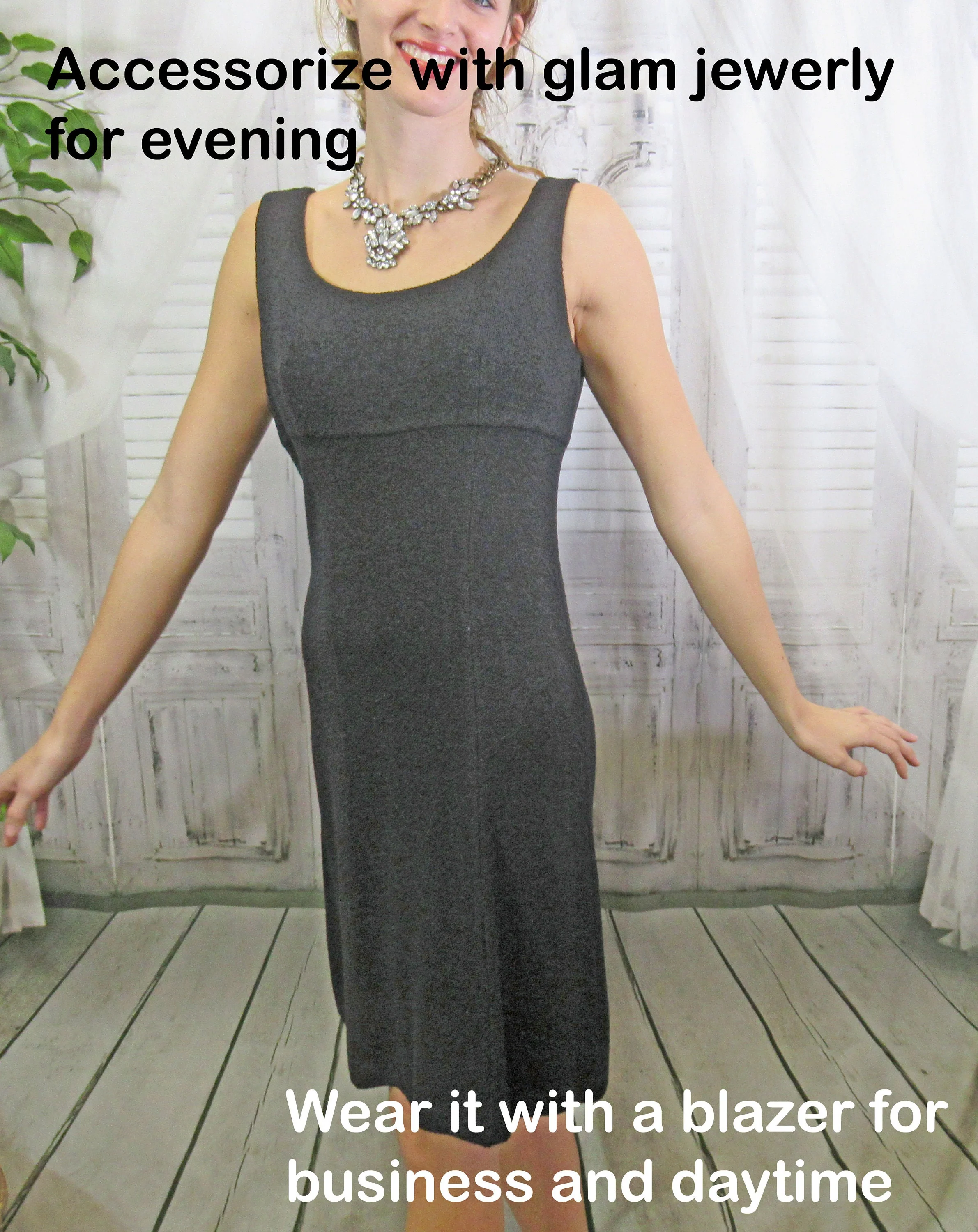 Sz 6 Dress 36 Bust Black Santana Knit A-Line Sleeveless Empire Waist, Scoop Neckline, Slim Fit, Back Zip, Made In Usa by St John Collection - Image 7
