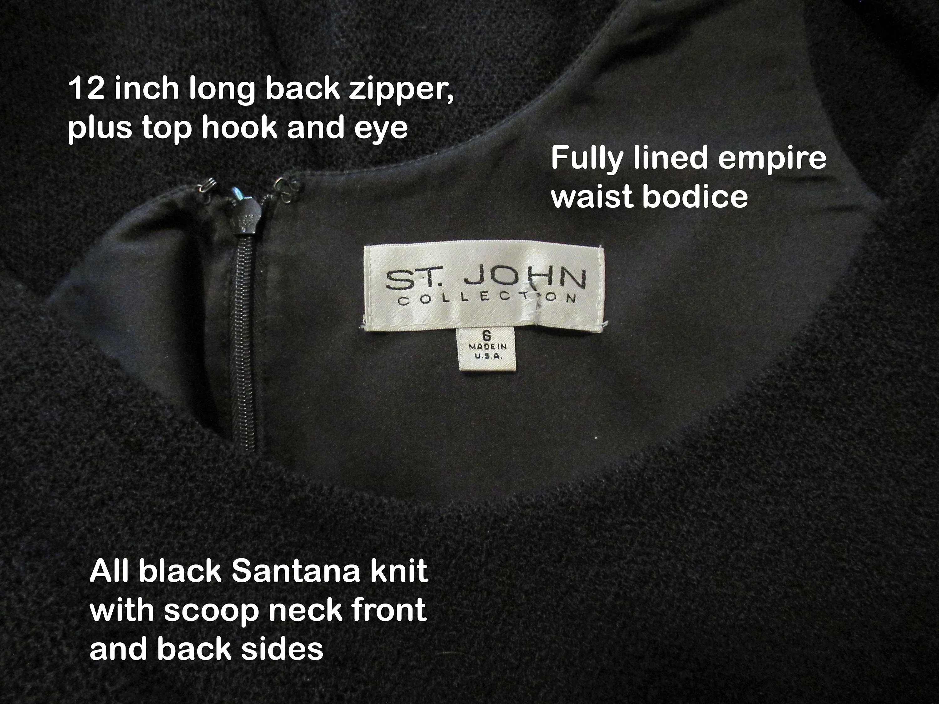 Sz 6 Dress 36 Bust Black Santana Knit A-Line Sleeveless Empire Waist, Scoop Neckline, Slim Fit, Back Zip, Made In Usa by St John Collection - Image 8