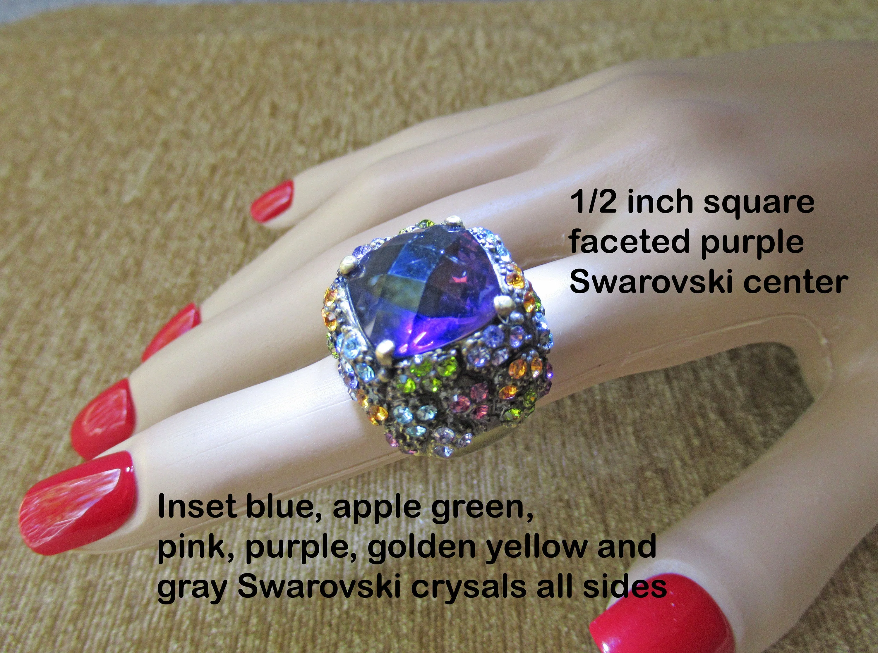 Sz 6 Heidi Daus Cocktail Ring Multicolor Swarovski Crystals, Purple Faceted Center, Wide Statement Ring You Can Wear Anytime, Anywhere - Image 2