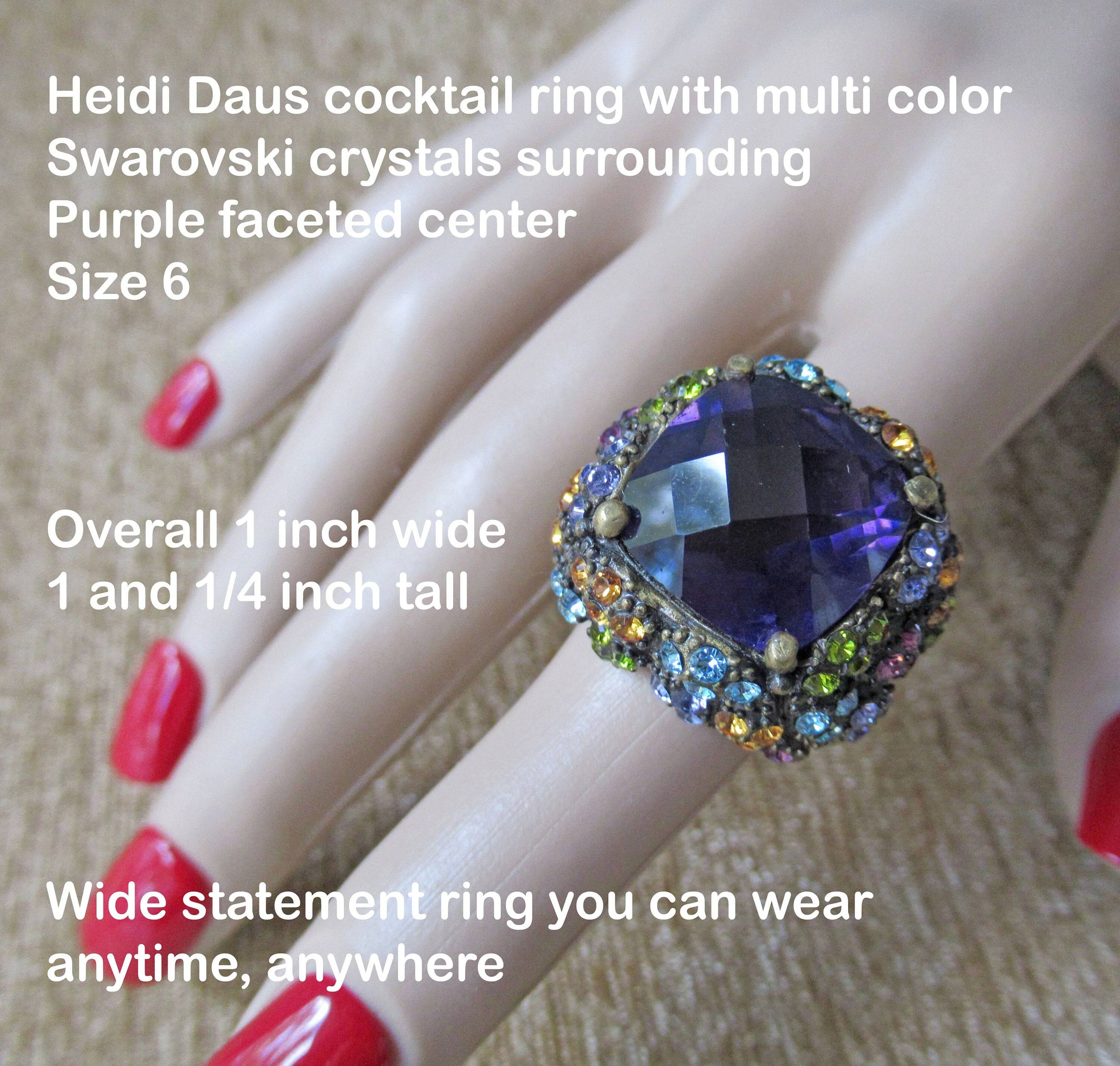 Sz 6 Heidi Daus Cocktail Ring Multicolor Swarovski Crystals, Purple Faceted Center, Wide Statement Ring You Can Wear Anytime, Anywhere - Image 4