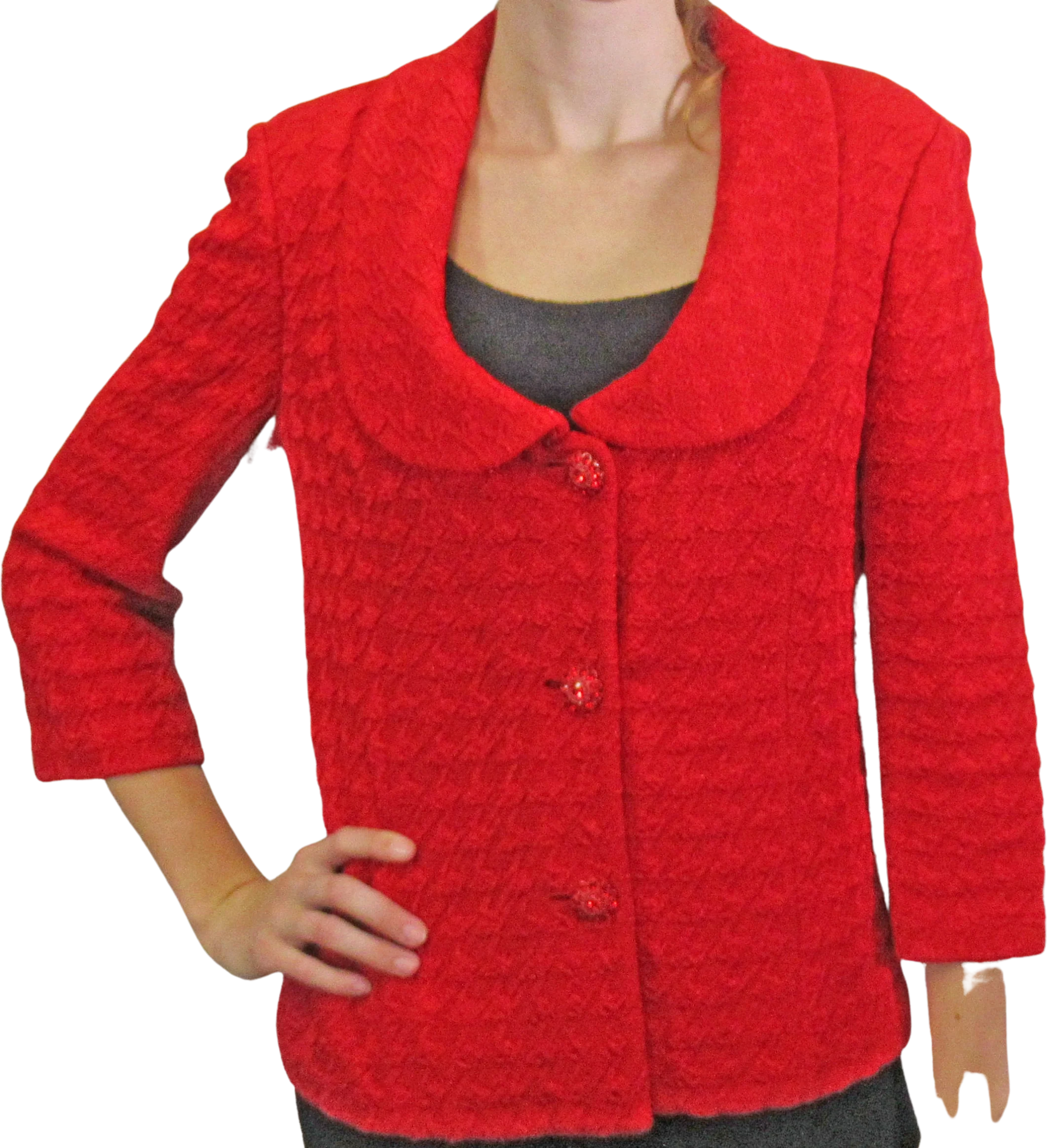 Sz 6 Knit Blazer 38 Bust Bright Red, Made In Usa, Below Waist Length, Button Front, U-Neck, Quarter Length Sleeve, 3 Rhinestone Buttons by St. John