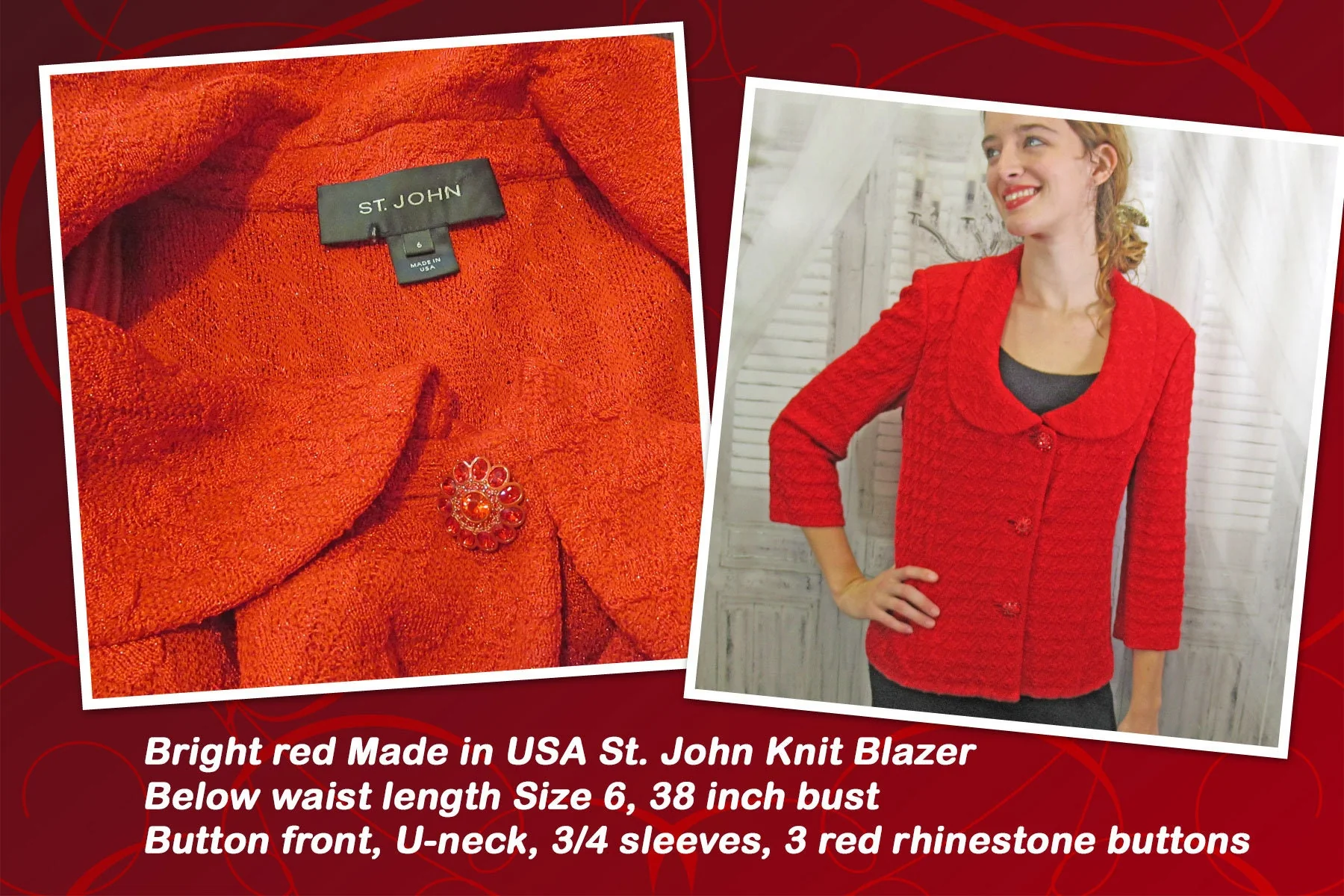 Sz 6 Knit Blazer 38 Bust Bright Red, Made In Usa, Below Waist Length, Button Front, U-Neck, Quarter Length Sleeve, 3 Rhinestone Buttons by St. John - Image 3