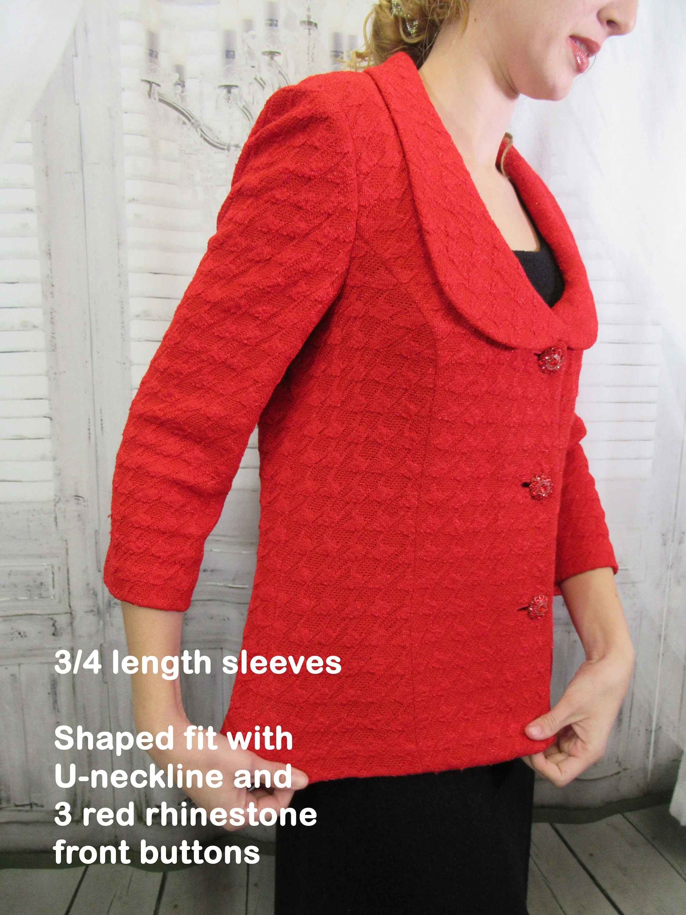 Sz 6 Knit Blazer 38 Bust Bright Red, Made In Usa, Below Waist Length, Button Front, U-Neck, Quarter Length Sleeve, 3 Rhinestone Buttons by St. John - Image 4