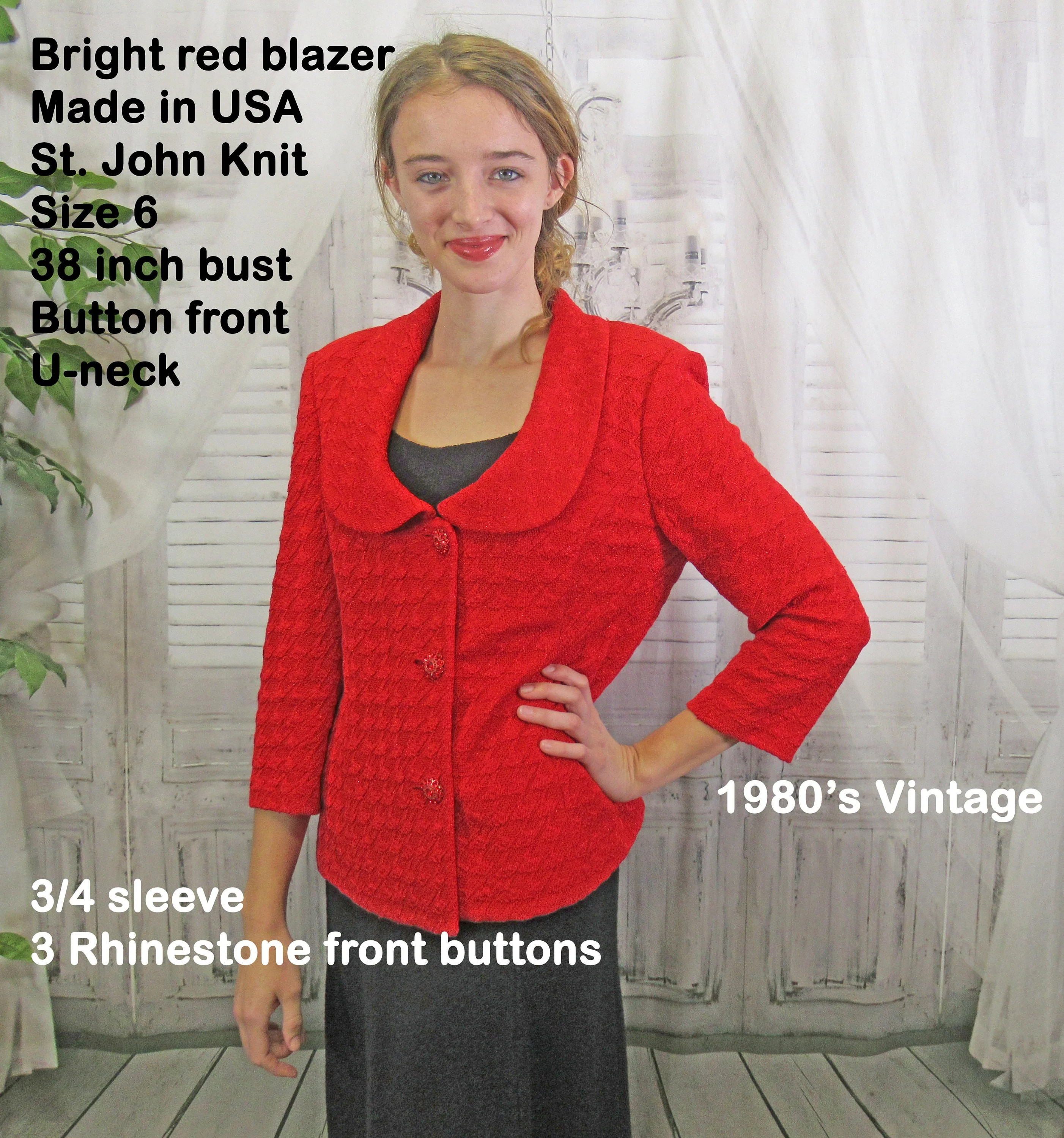 Sz 6 Knit Blazer 38 Bust Bright Red, Made In Usa, Below Waist Length, Button Front, U-Neck, Quarter Length Sleeve, 3 Rhinestone Buttons by St. John - Image 5