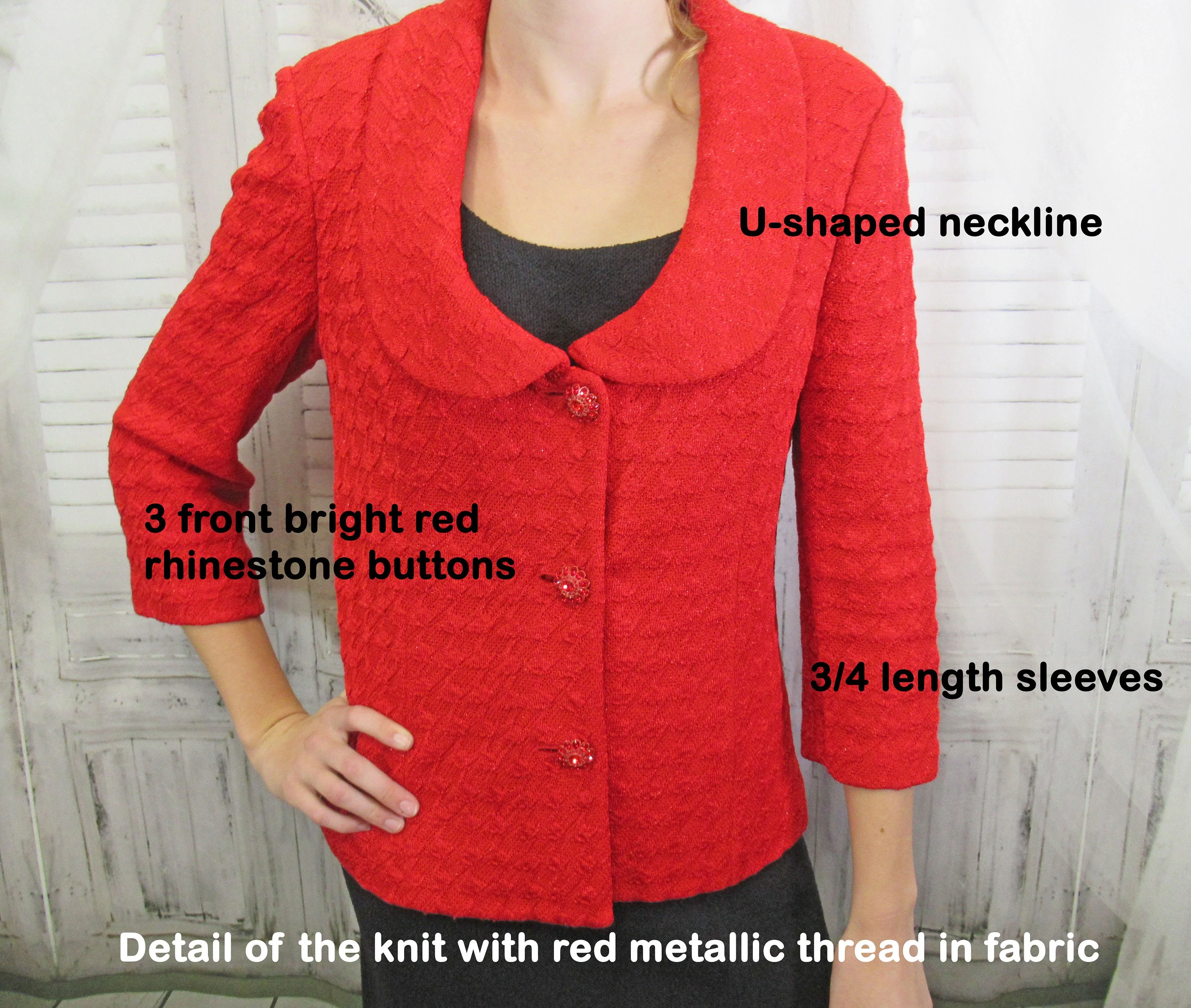 Sz 6 Knit Blazer 38 Bust Bright Red, Made In Usa, Below Waist Length, Button Front, U-Neck, Quarter Length Sleeve, 3 Rhinestone Buttons by St. John - Image 6