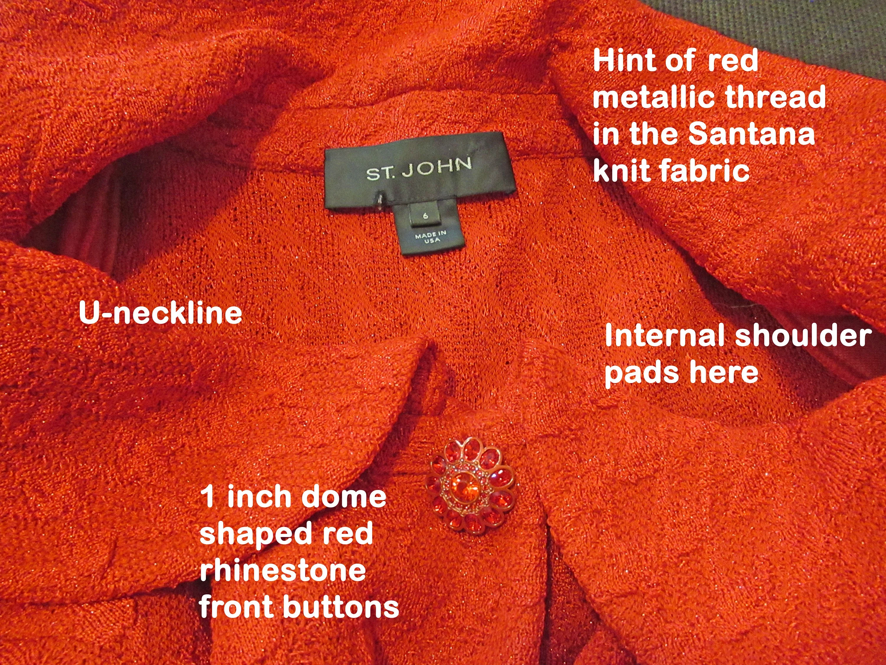 Sz 6 Knit Blazer 38 Bust Bright Red, Made In Usa, Below Waist Length, Button Front, U-Neck, Quarter Length Sleeve, 3 Rhinestone Buttons by St. John - Image 7