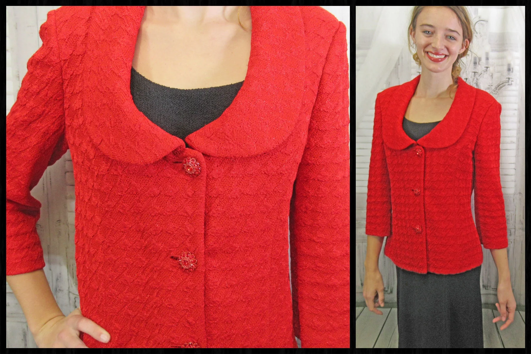 Sz 6 Knit Blazer 38 Bust Bright Red, Made In Usa, Below Waist Length, Button Front, U-Neck, Quarter Length Sleeve, 3 Rhinestone Buttons by St. John - Image 8