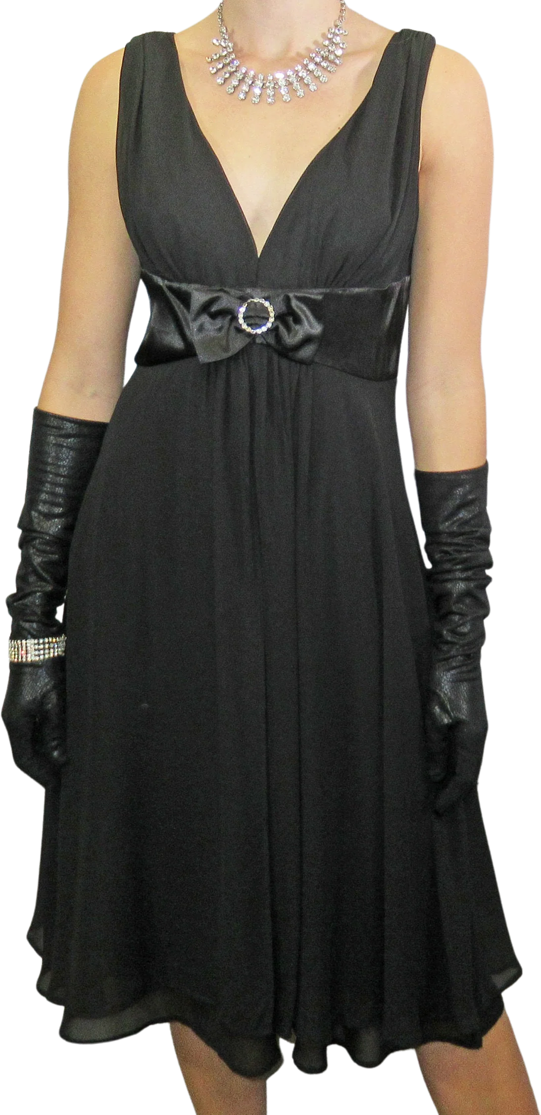 Sz 6 Low V-Neck Party Dress 36 Bust, Clear Rhinestone Trim At Empire Bow Waist, Sheer Outer Panels, Connected Logo, Made In Philippines Vtg