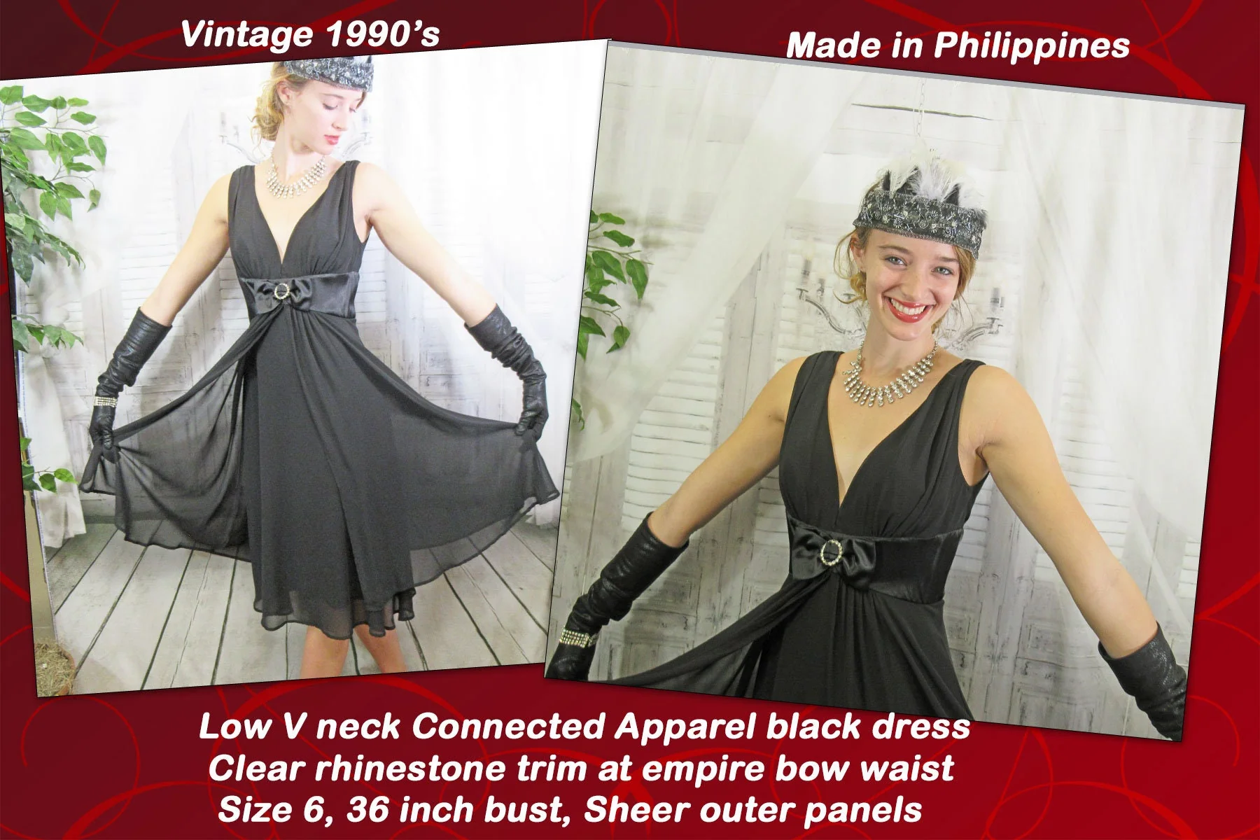 Sz 6 Low V-Neck Party Dress 36 Bust, Clear Rhinestone Trim At Empire Bow Waist, Sheer Outer Panels, Connected Logo, Made In Philippines Vtg - Image 2