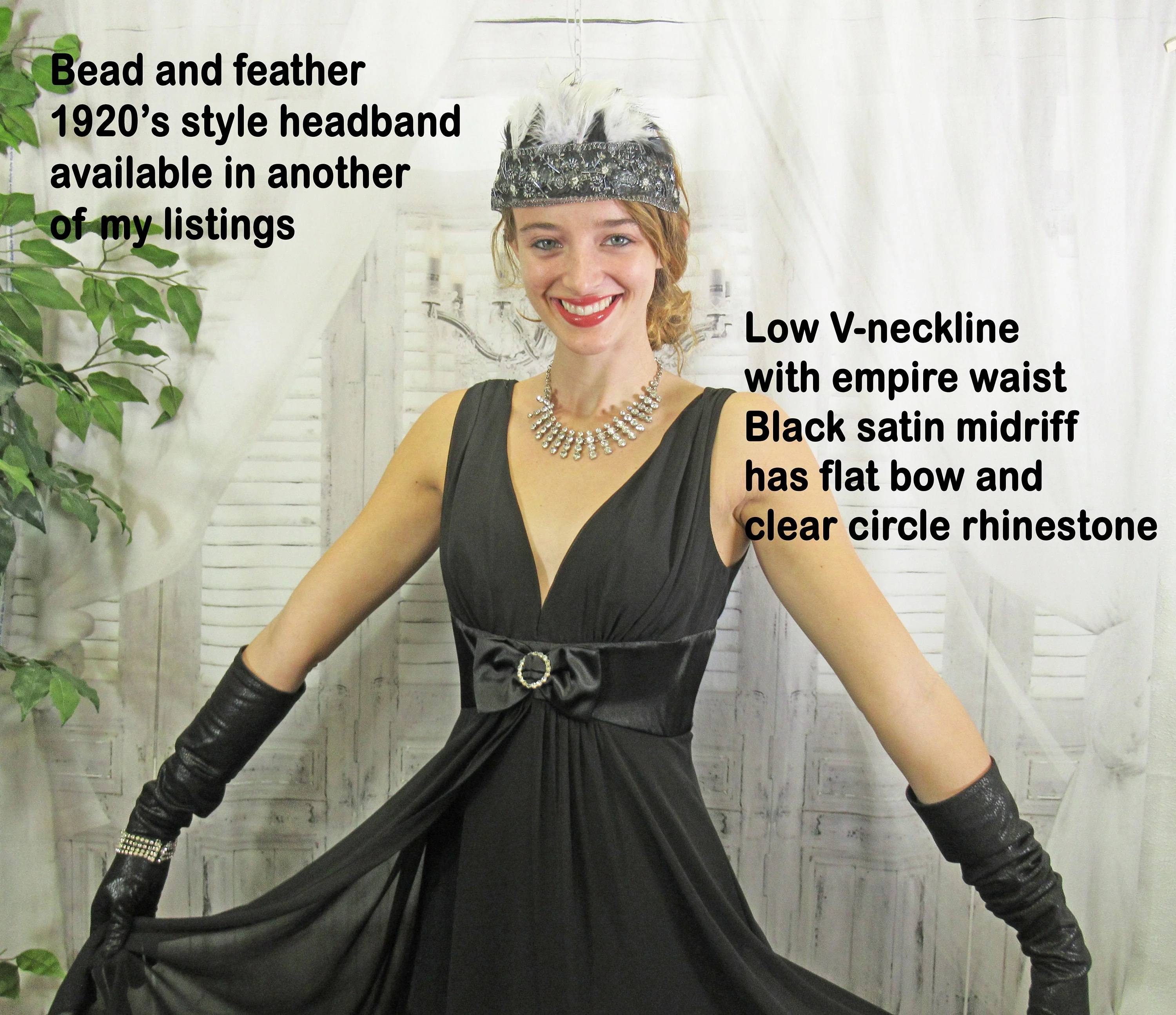 Sz 6 Low V-Neck Party Dress 36 Bust, Clear Rhinestone Trim At Empire Bow Waist, Sheer Outer Panels, Connected Logo, Made In Philippines Vtg - Image 3