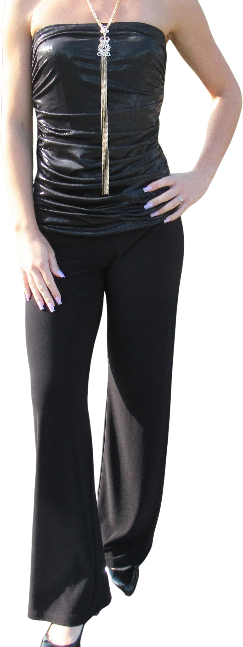 Sz 6 Strapless Jumpsuit Ruched Easy-Fit Shiny Top, Joseph Ribkoff, Matte Black Legs, Made In Canada, Stretch Top, Sexy One Piece Glam Vintage