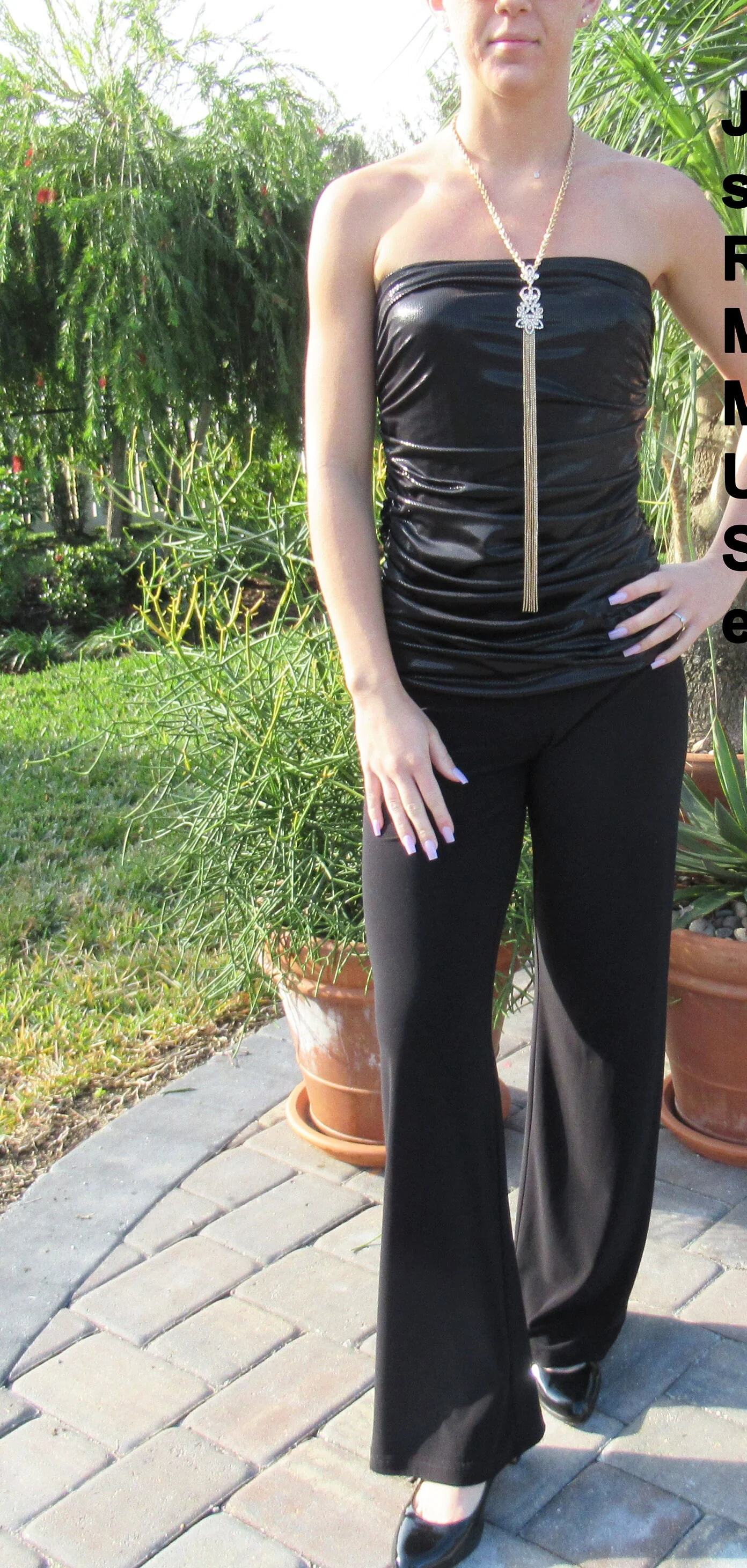 Sz 6 Strapless Jumpsuit Ruched Easy-Fit Shiny Top, Joseph Ribkoff, Matte Black Legs, Made In Canada, Stretch Top, Sexy One Piece Glam Vintage - Image 2