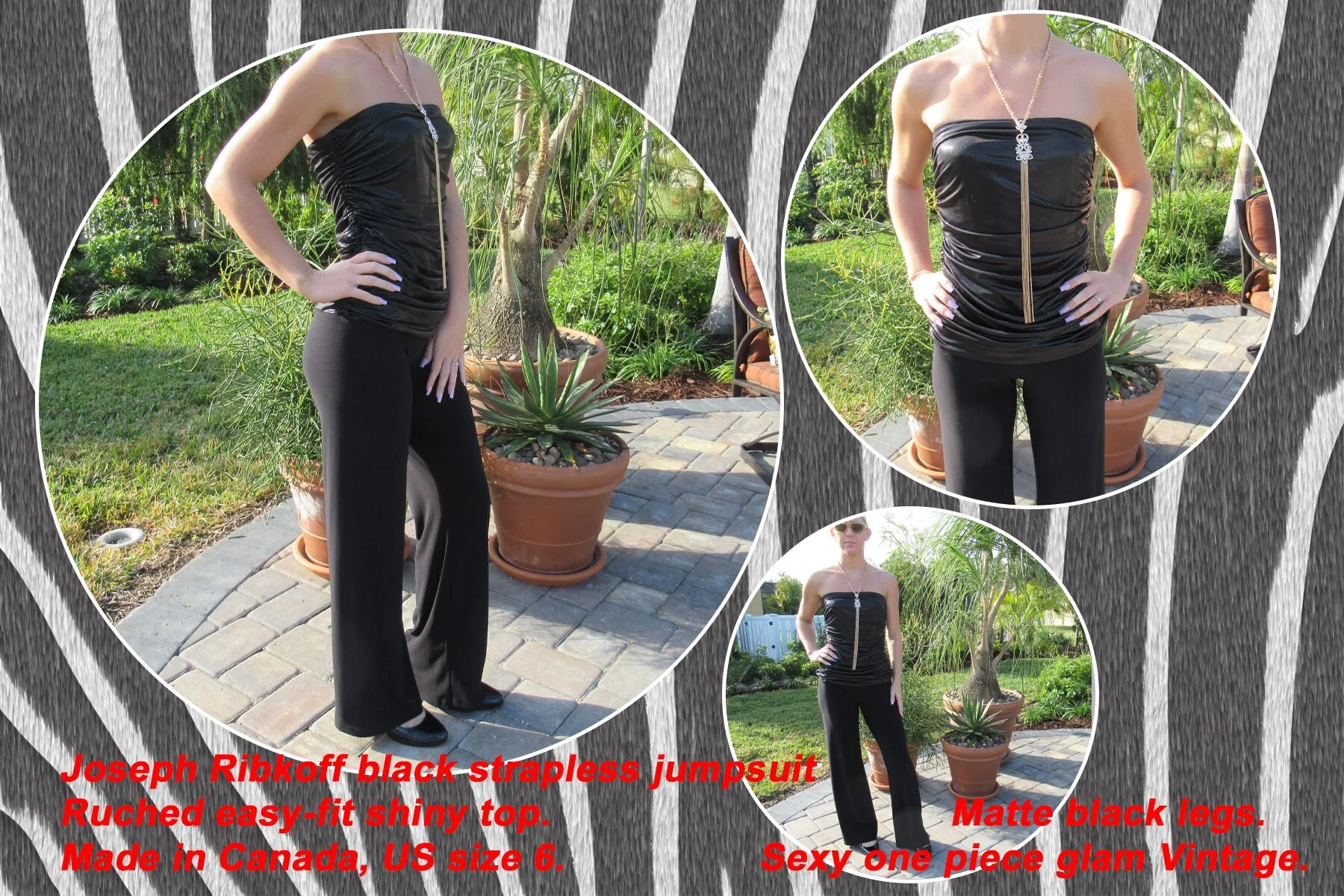 Sz 6 Strapless Jumpsuit Ruched Easy-Fit Shiny Top, Joseph Ribkoff, Matte Black Legs, Made In Canada, Stretch Top, Sexy One Piece Glam Vintage - Image 3