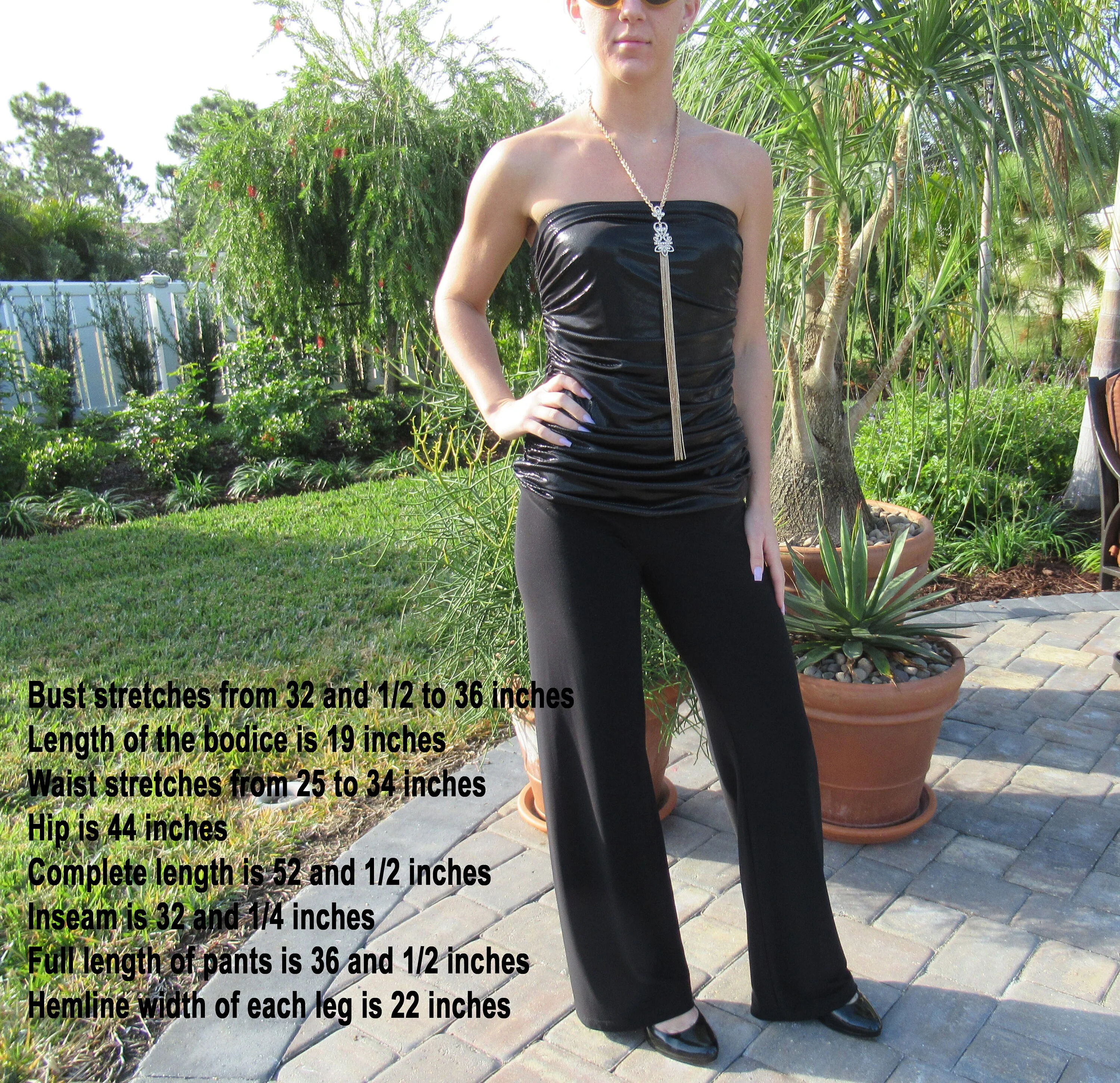 Sz 6 Strapless Jumpsuit Ruched Easy-Fit Shiny Top, Joseph Ribkoff, Matte Black Legs, Made In Canada, Stretch Top, Sexy One Piece Glam Vintage - Image 5