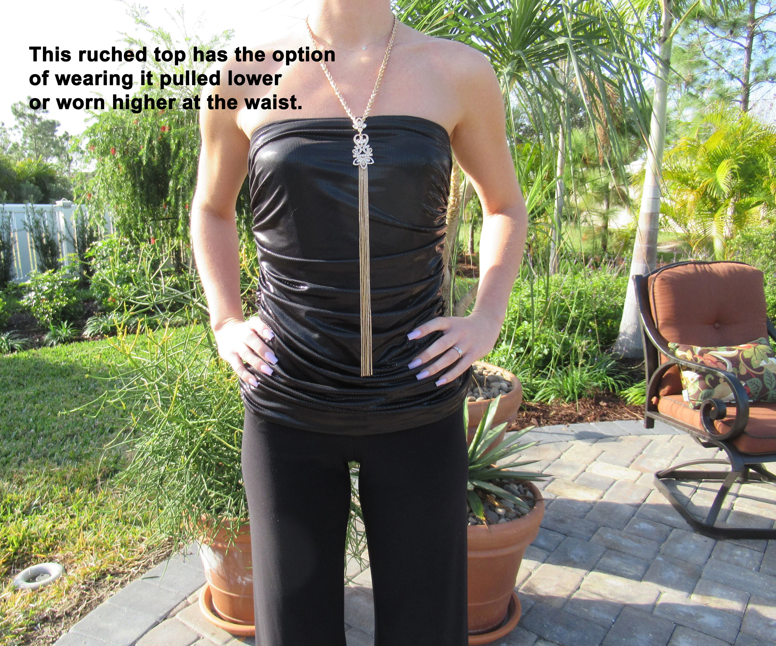 Sz 6 Strapless Jumpsuit Ruched Easy-Fit Shiny Top, Joseph Ribkoff, Matte Black Legs, Made In Canada, Stretch Top, Sexy One Piece Glam Vintage - Image 7