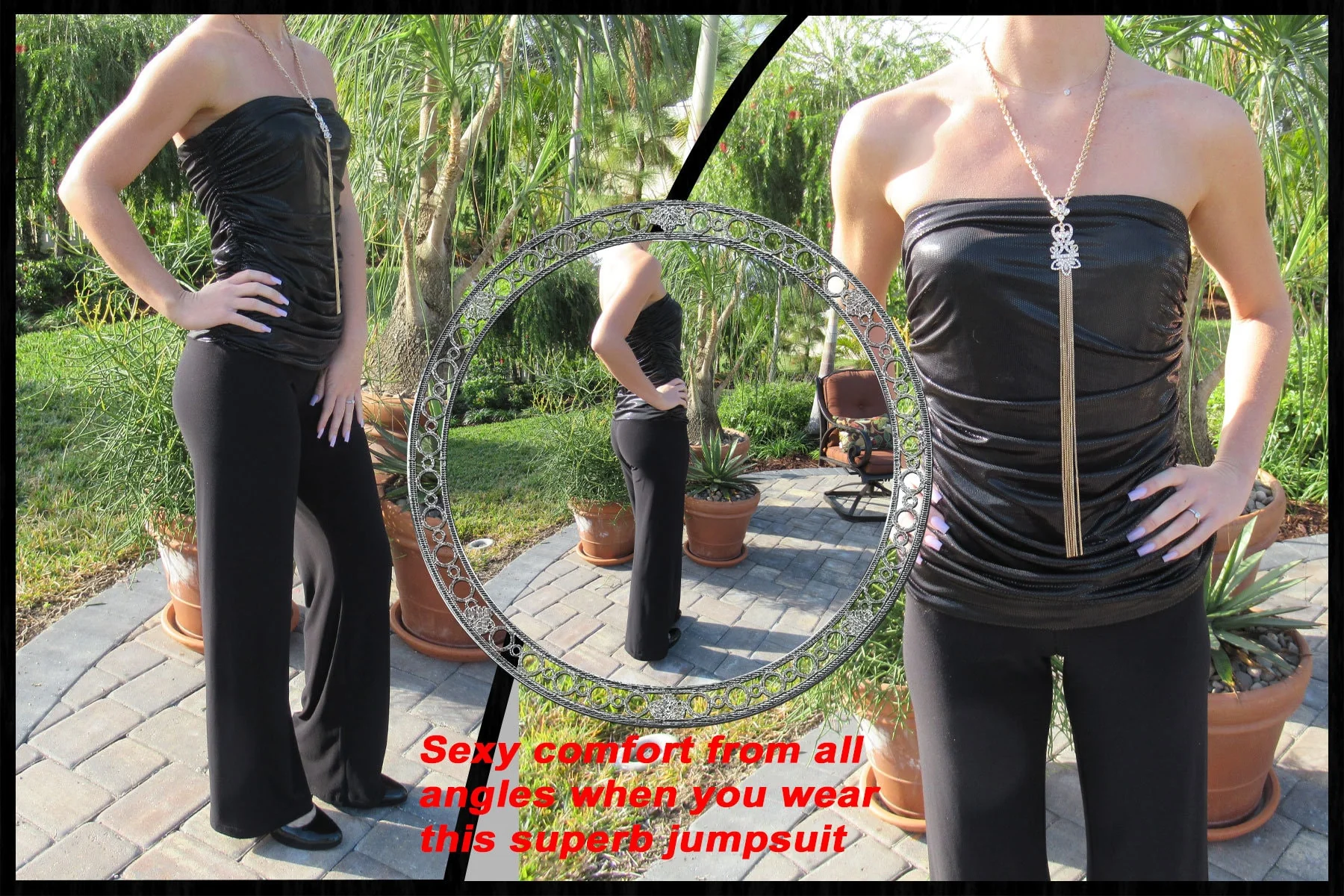 Sz 6 Strapless Jumpsuit Ruched Easy-Fit Shiny Top, Joseph Ribkoff, Matte Black Legs, Made In Canada, Stretch Top, Sexy One Piece Glam Vintage - Image 9