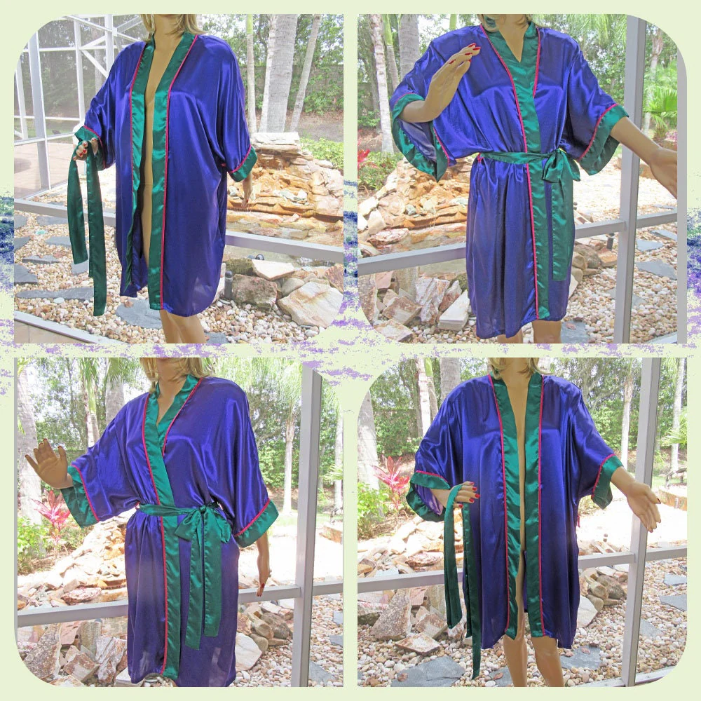 Sz L Faye Wrap Front Robe Plus Removable Self Belt Polyester, Purple, Green, Pink, Wide Sleeve, Wear Open Front Or Wrap, 2 Side Pockets Vtg - Image 6