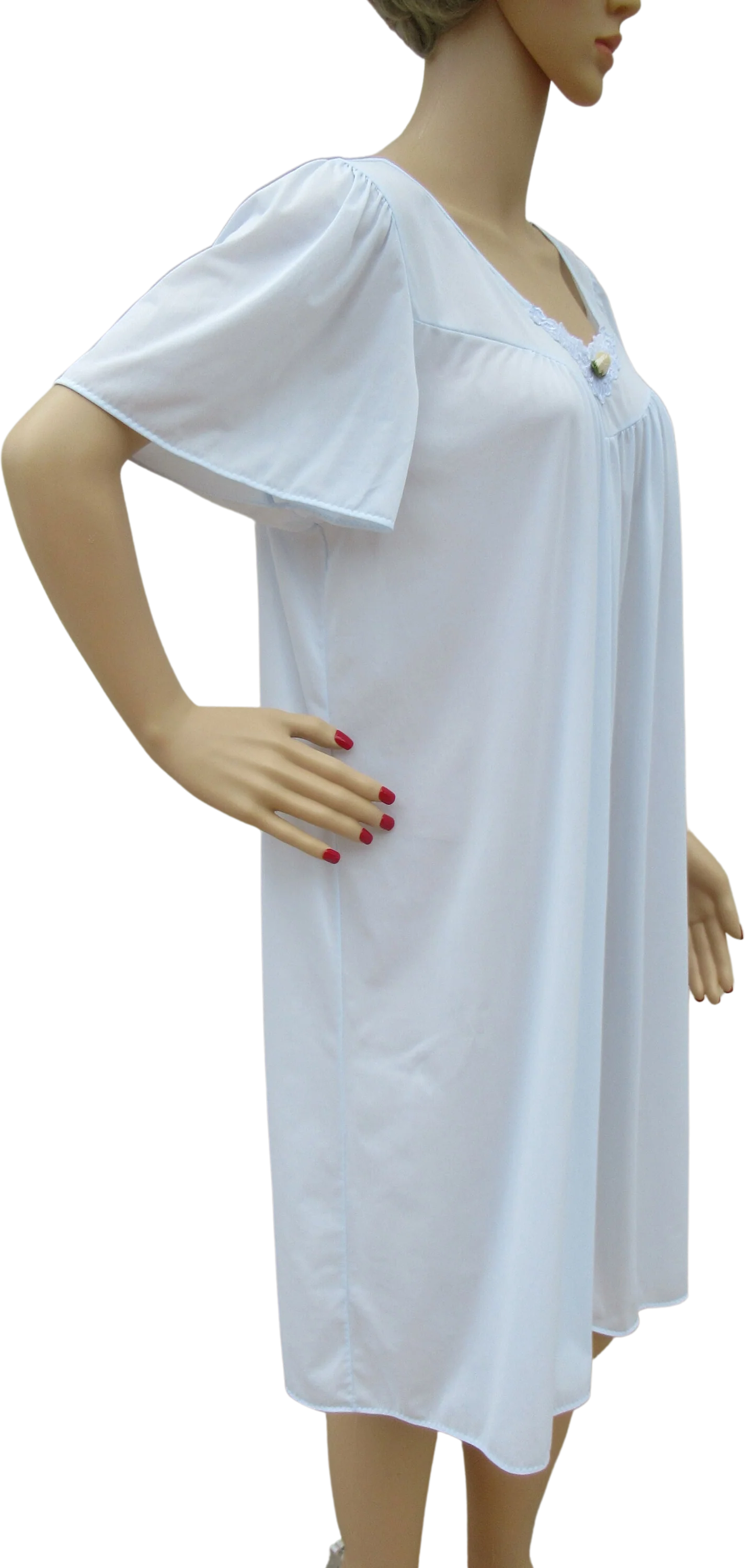 Sz L Nightgown Pastel Blue Nylon A-Line Wide Cut Cap Sleeve Vf Knee Length Fits To 44 Inch Bust V-Neck Made In Usa Vtg by Vanity Fair