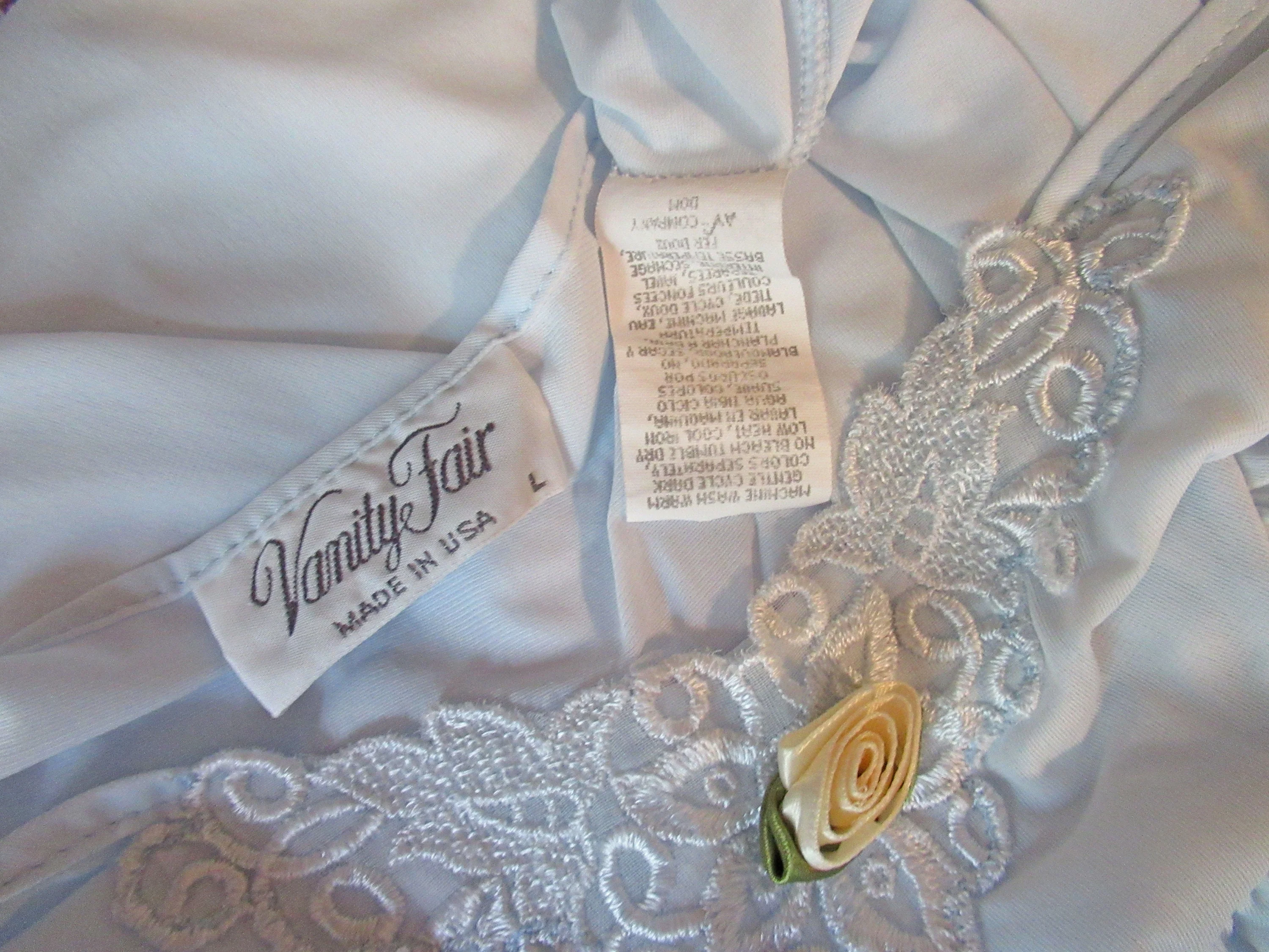 Sz L Nightgown Pastel Blue Nylon A-Line Wide Cut Cap Sleeve Vf Knee Length Fits To 44 Inch Bust V-Neck Made In Usa Vtg by Vanity Fair - Image 10