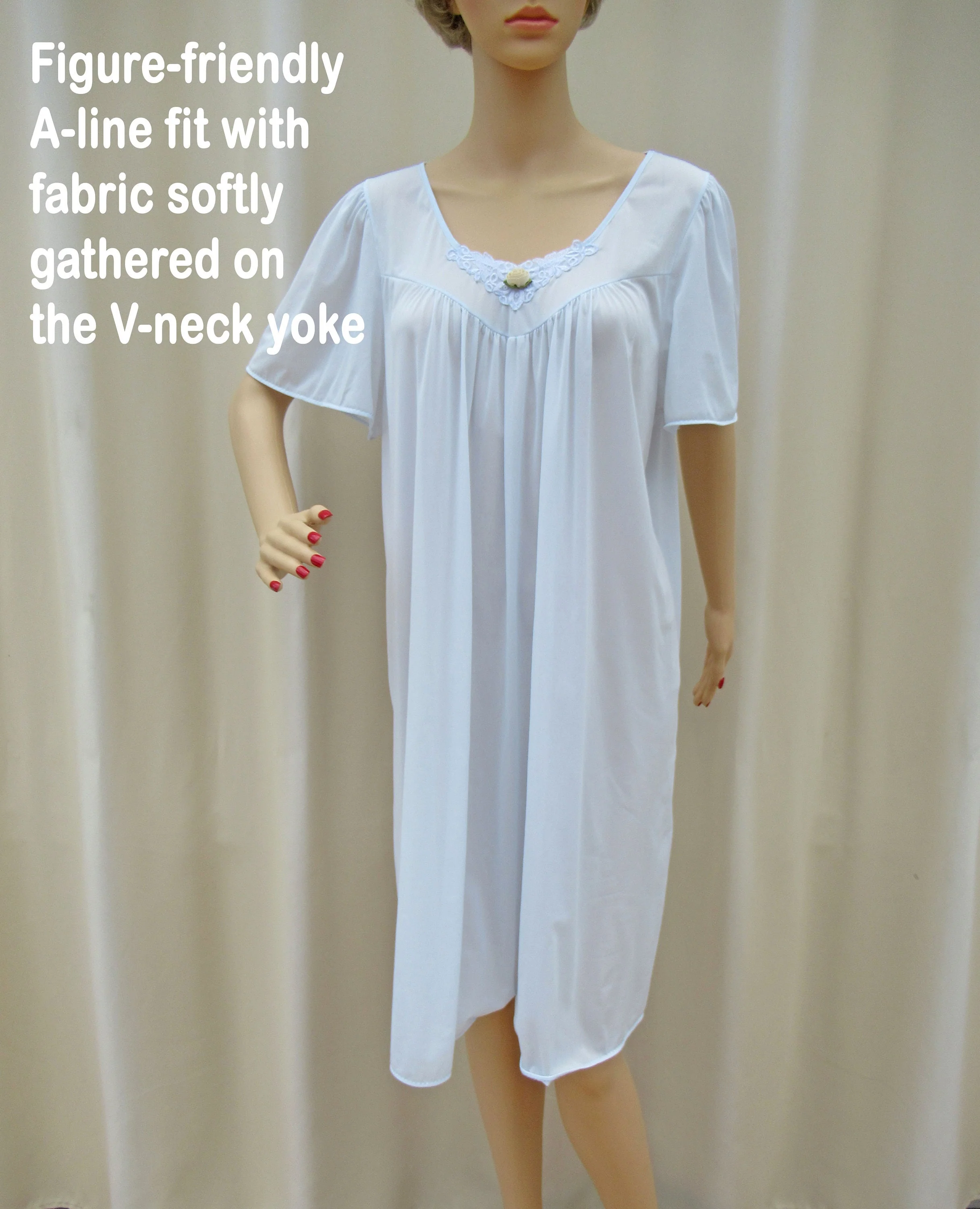 Sz L Nightgown Pastel Blue Nylon A-Line Wide Cut Cap Sleeve Vf Knee Length Fits To 44 Inch Bust V-Neck Made In Usa Vtg by Vanity Fair - Image 3