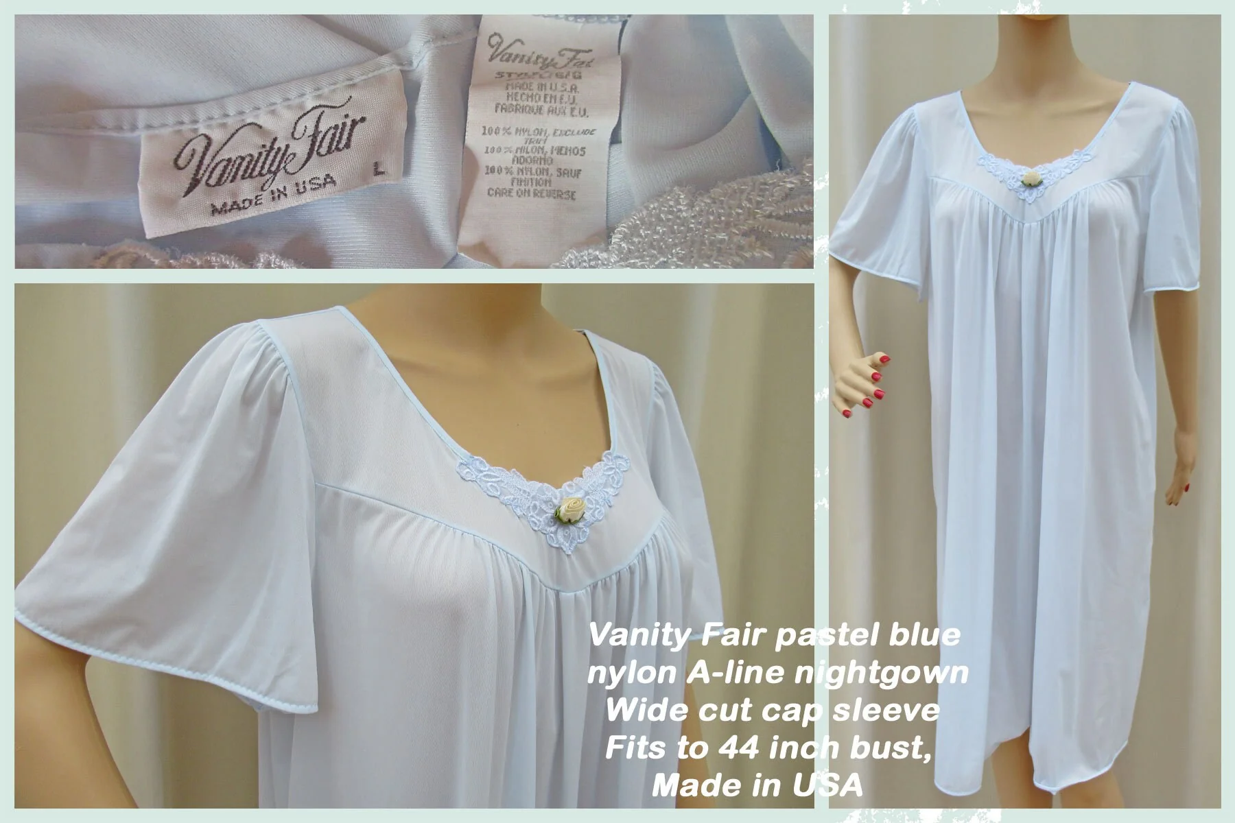 Sz L Nightgown Pastel Blue Nylon A-Line Wide Cut Cap Sleeve Vf Knee Length Fits To 44 Inch Bust V-Neck Made In Usa Vtg by Vanity Fair - Image 4