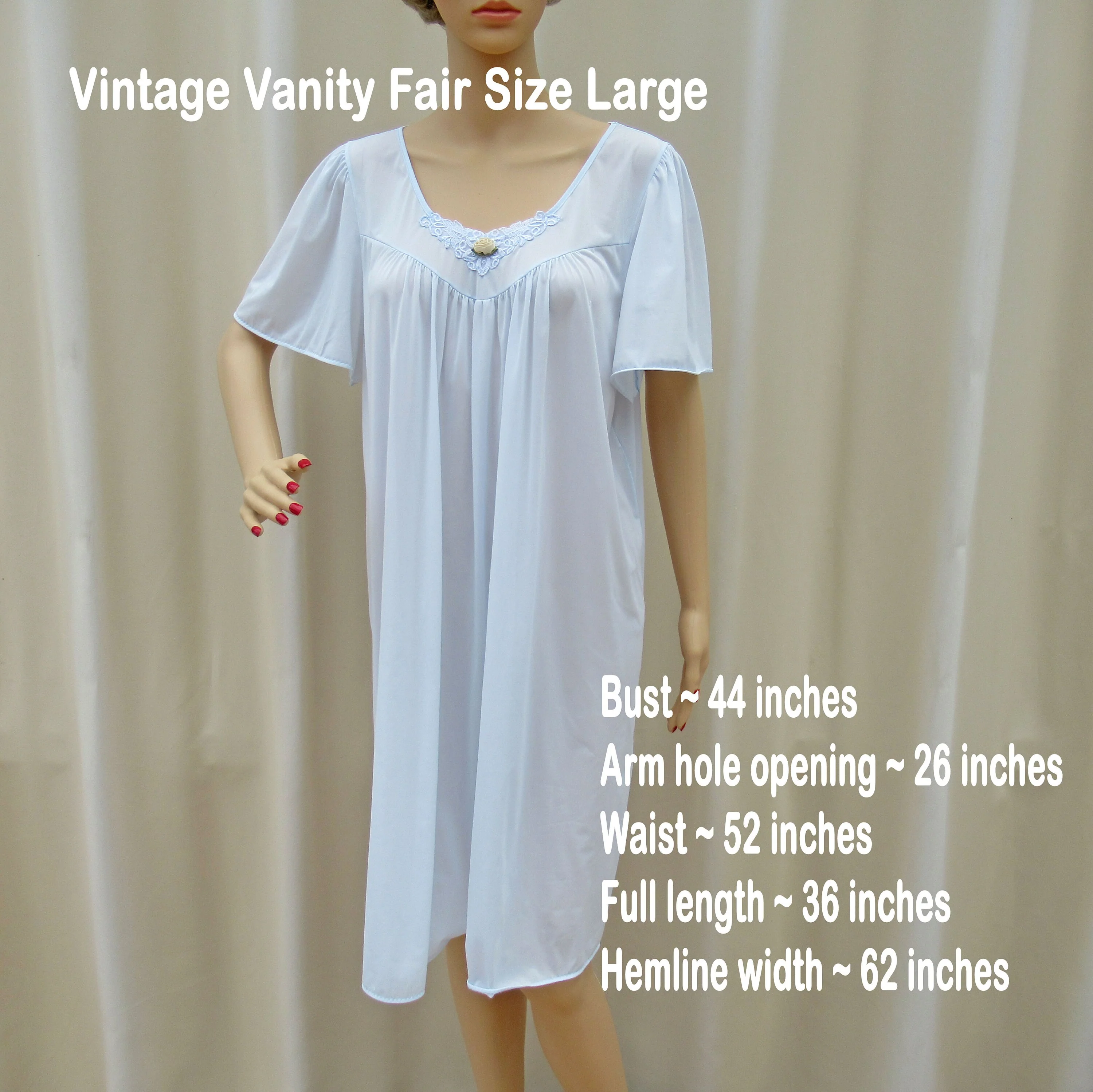 Sz L Nightgown Pastel Blue Nylon A-Line Wide Cut Cap Sleeve Vf Knee Length Fits To 44 Inch Bust V-Neck Made In Usa Vtg by Vanity Fair - Image 5