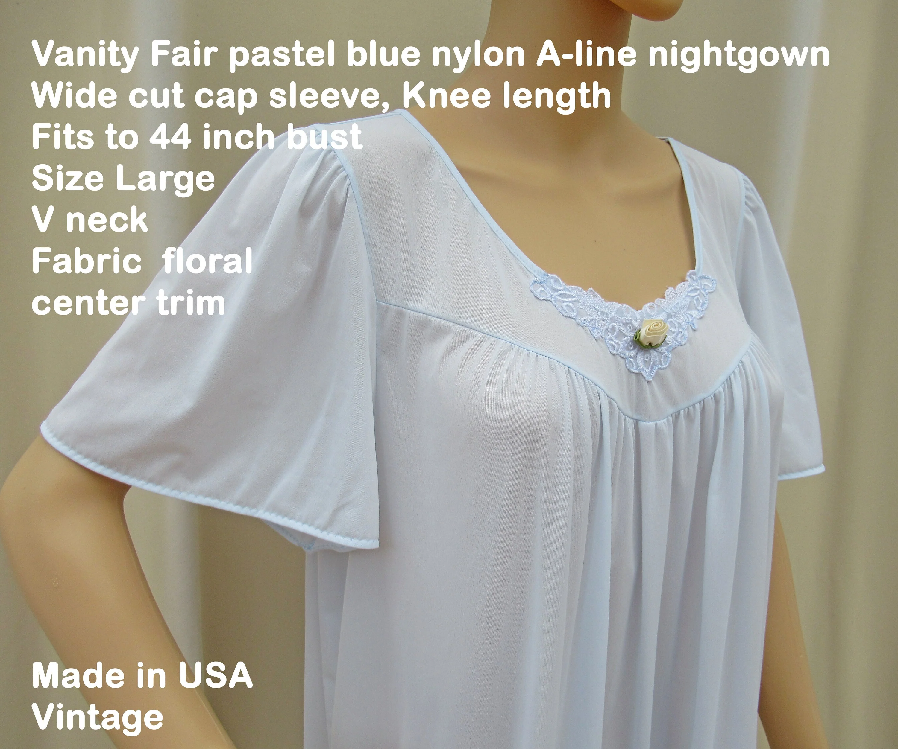 Sz L Nightgown Pastel Blue Nylon A-Line Wide Cut Cap Sleeve Vf Knee Length Fits To 44 Inch Bust V-Neck Made In Usa Vtg by Vanity Fair - Image 6