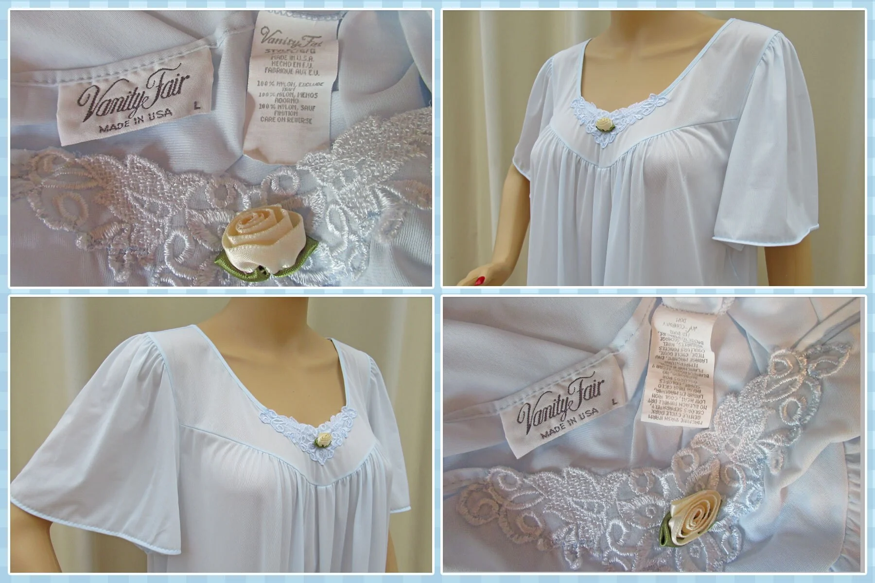 Sz L Nightgown Pastel Blue Nylon A-Line Wide Cut Cap Sleeve Vf Knee Length Fits To 44 Inch Bust V-Neck Made In Usa Vtg by Vanity Fair - Image 7