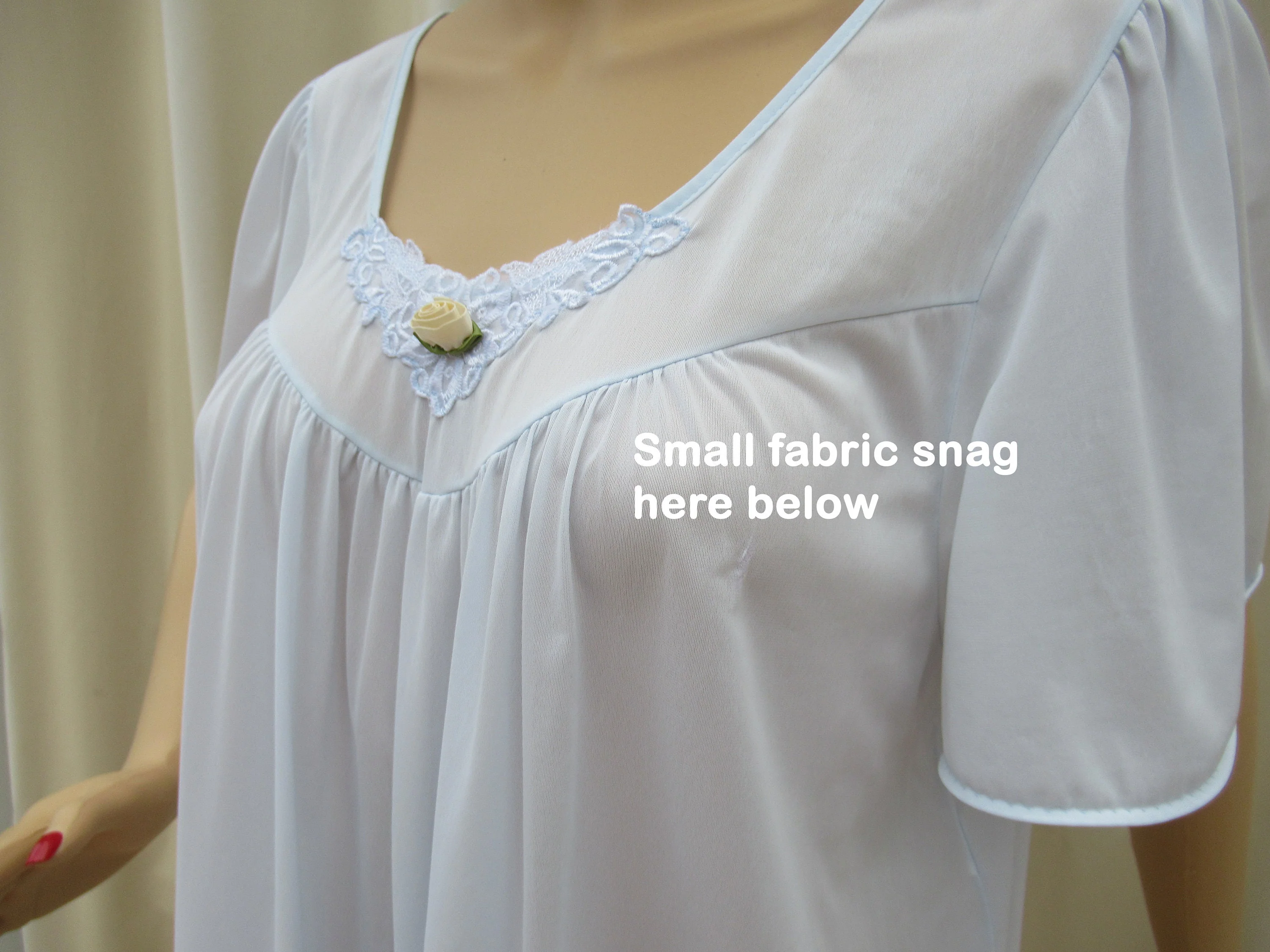 Sz L Nightgown Pastel Blue Nylon A-Line Wide Cut Cap Sleeve Vf Knee Length Fits To 44 Inch Bust V-Neck Made In Usa Vtg by Vanity Fair - Image 8