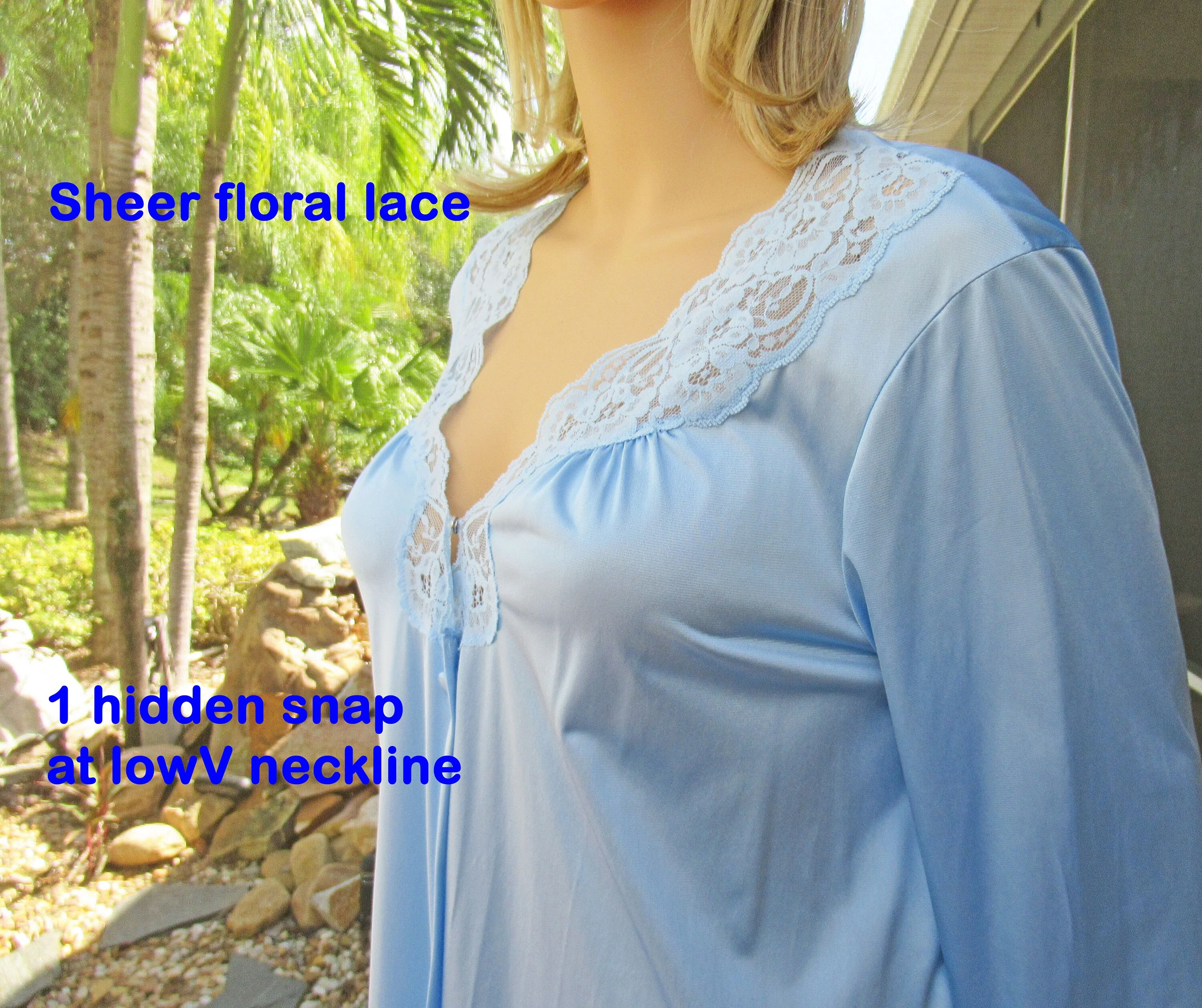 Sz L Robe 44 Inch Bust Made In Usa, Blue Nylon Button Front, Knee Length, Lace V Neckline, 1 Hidden Side Pocket, Sexy Vtg by Vanity Fair - Image 2